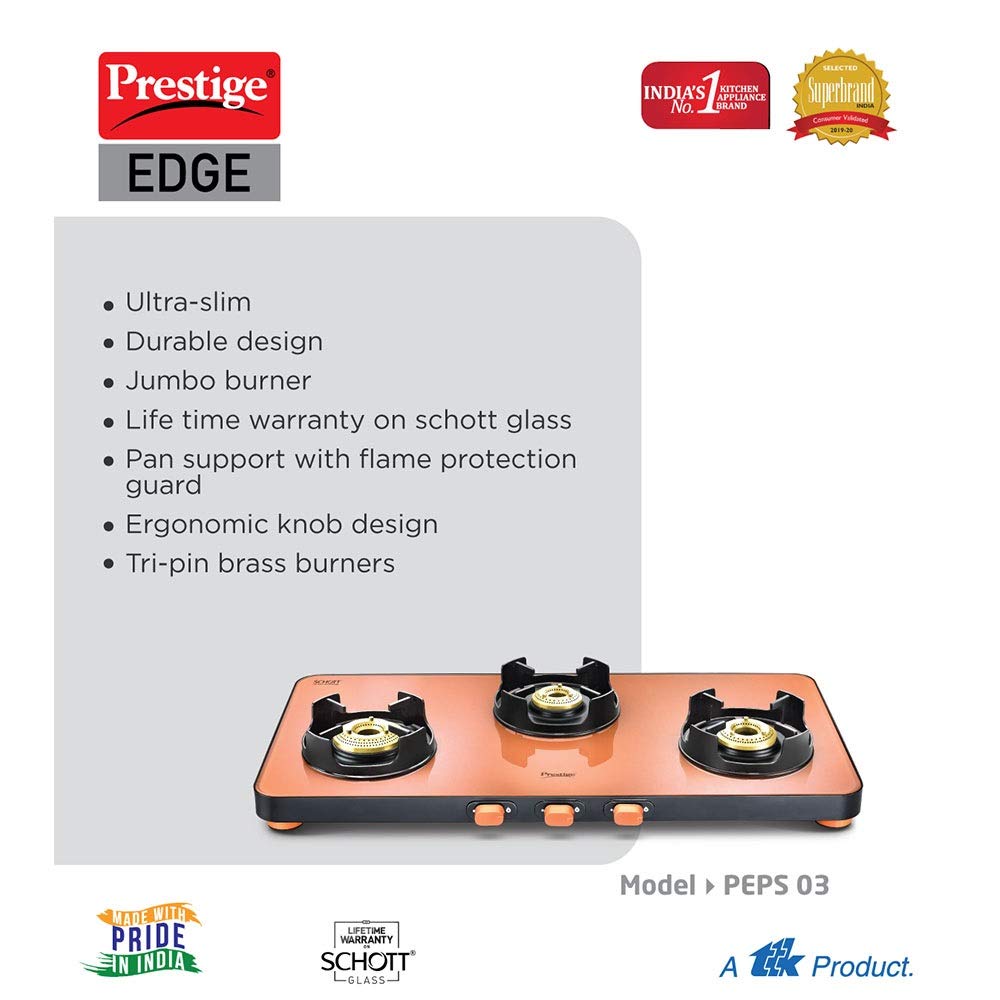 Prestige Edge PEPS 03 Schott Glass Top Gas Stove, 3 Burner