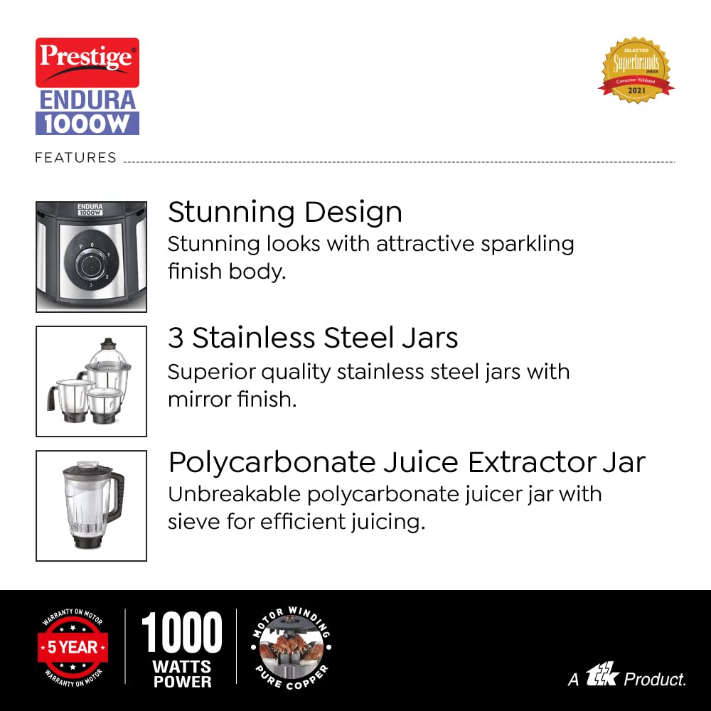 Prestige Endura Mixer Grinder, 1000W, 6 Jars