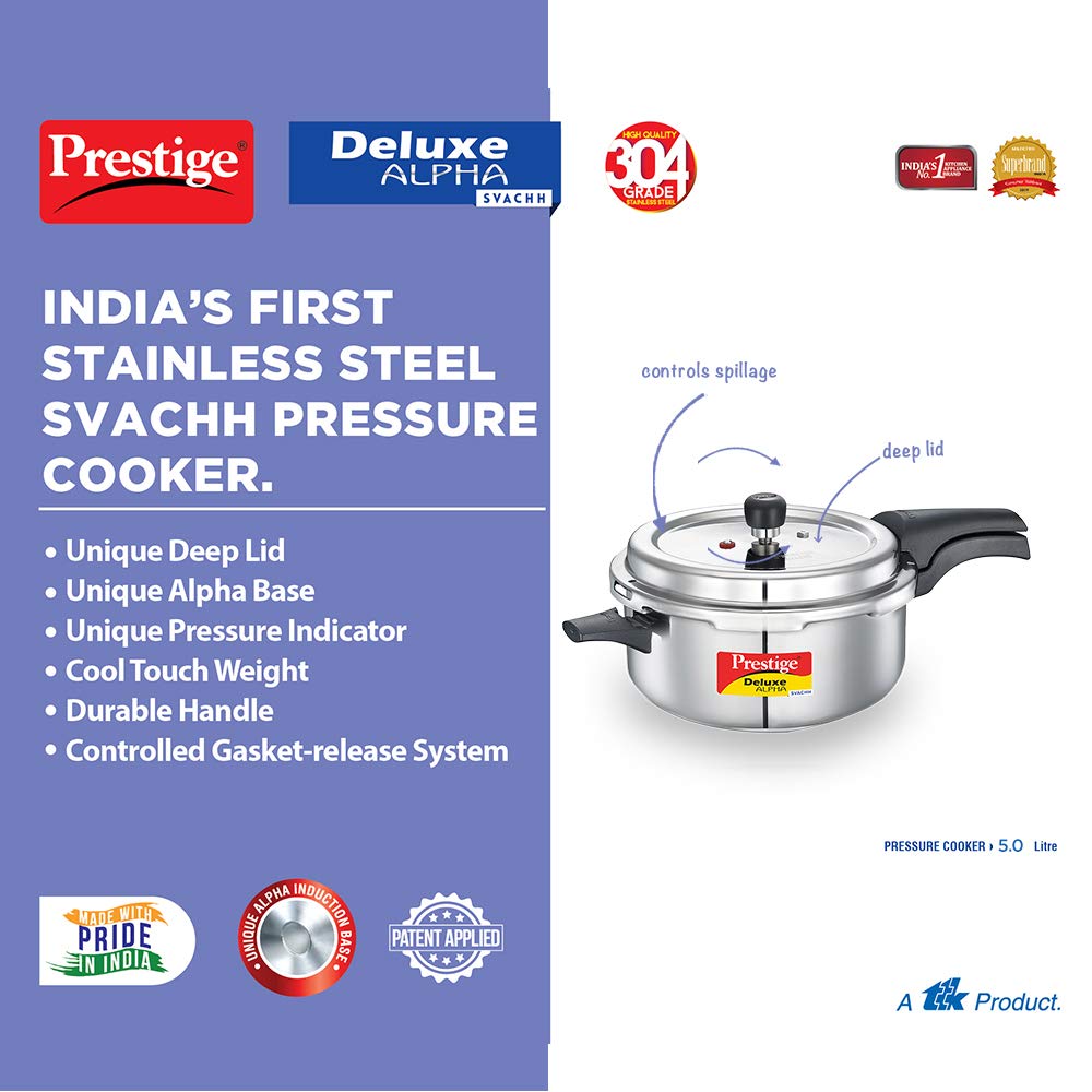 Prestige Deluxe Alpha Svachh Stainless Steel Induction Base Outer Lid Deep Pressure Cooker Pan, 5 Litres