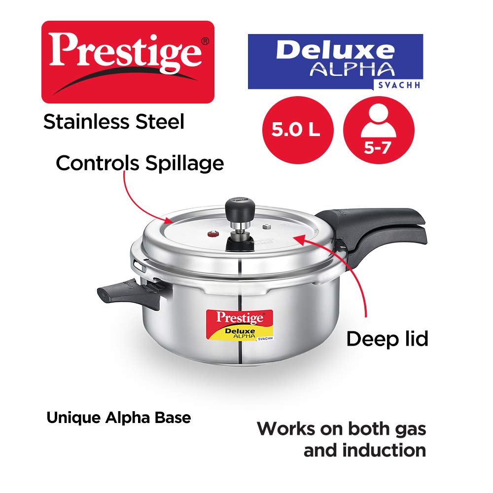 Prestige Deluxe Alpha Svachh Stainless Steel Induction Base Outer Lid Deep Pressure Cooker Pan, 5 Litres