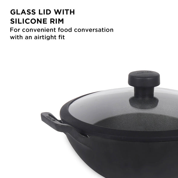 Meyer Pre-Seasoned Cast Iron Deep Kadai with Glass Lid