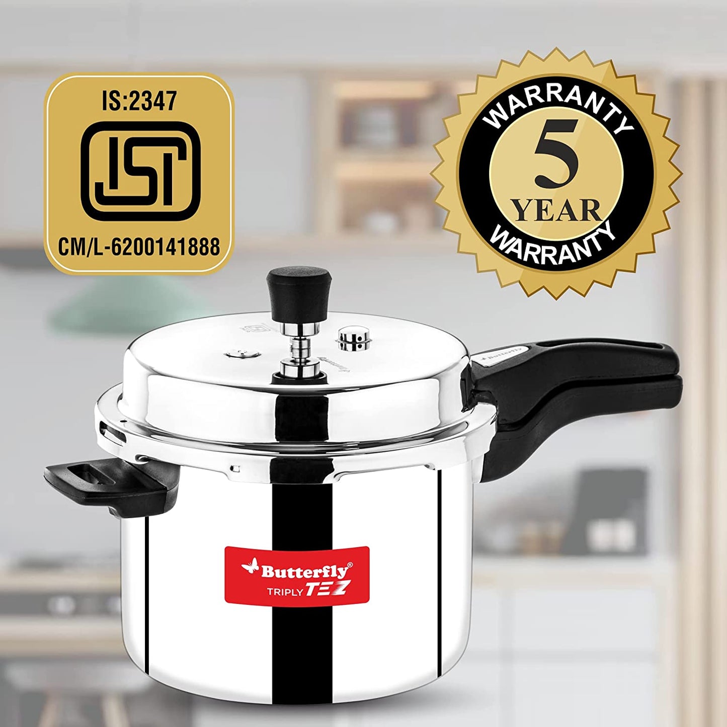 Butterfly Tez Triply Stainless Steel Induction Base Outer Lid Pressure Cooker, 5 Litres
