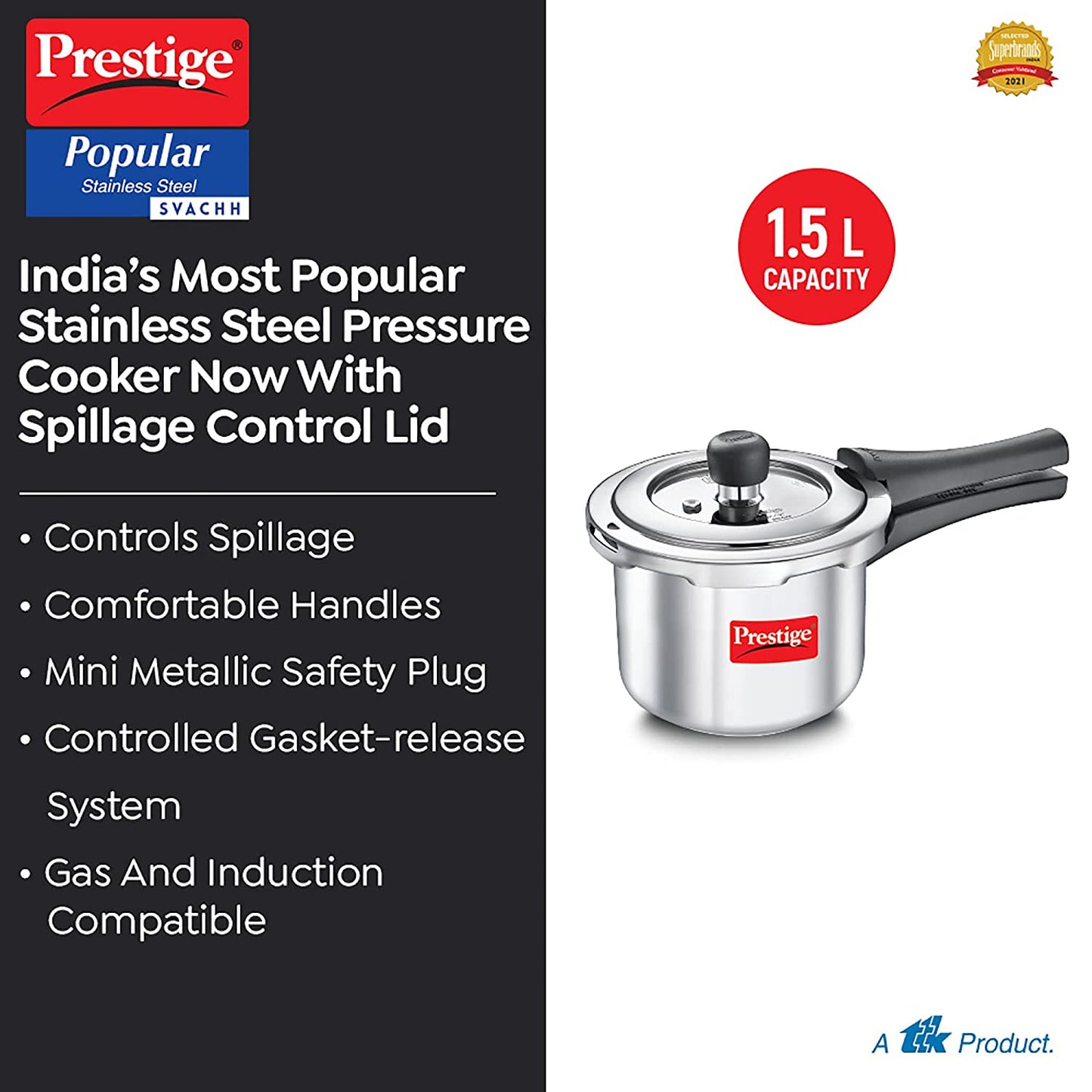Prestige Popular Stainless Steel Svachh Spillage Control Stainless Steel Induction Base Outer Lid Pressure Cooker, 1.5 Litres