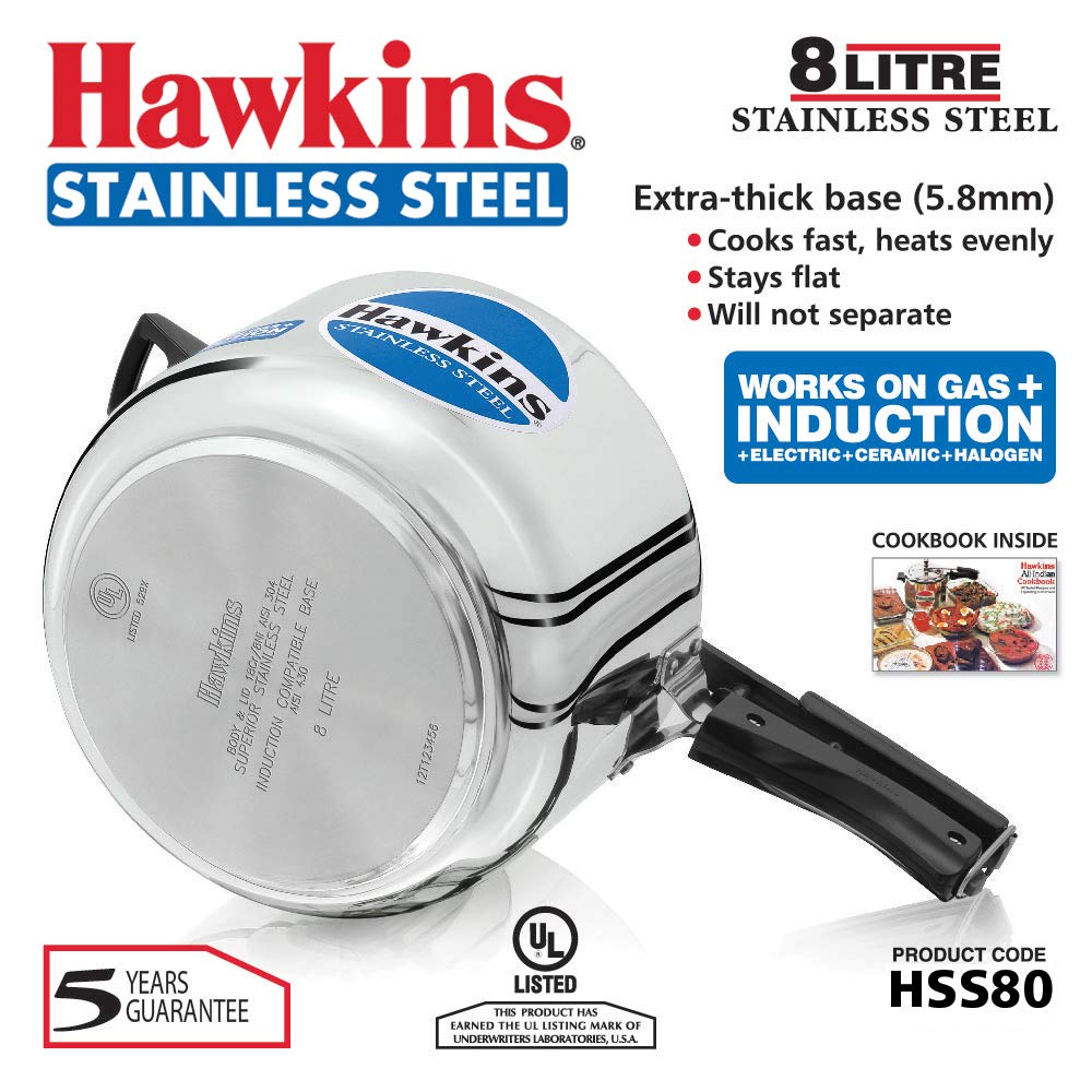 Hawkins Stainless Steel Induction Base Inner Lid Pressure Cooker, 8 Litres Wide