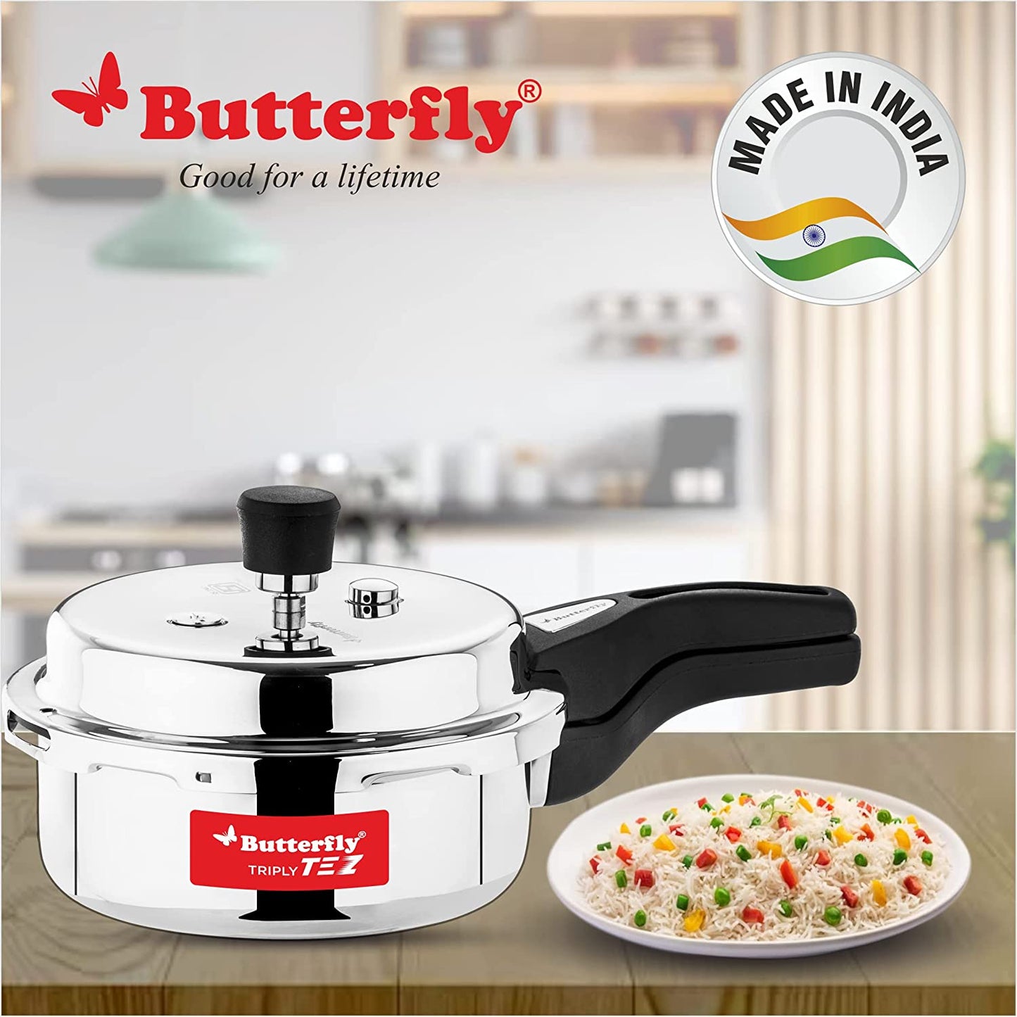 Butterfly Tez Triply Stainless Steel Induction Base Outer Lid Pressure Cooker, 2 Litres