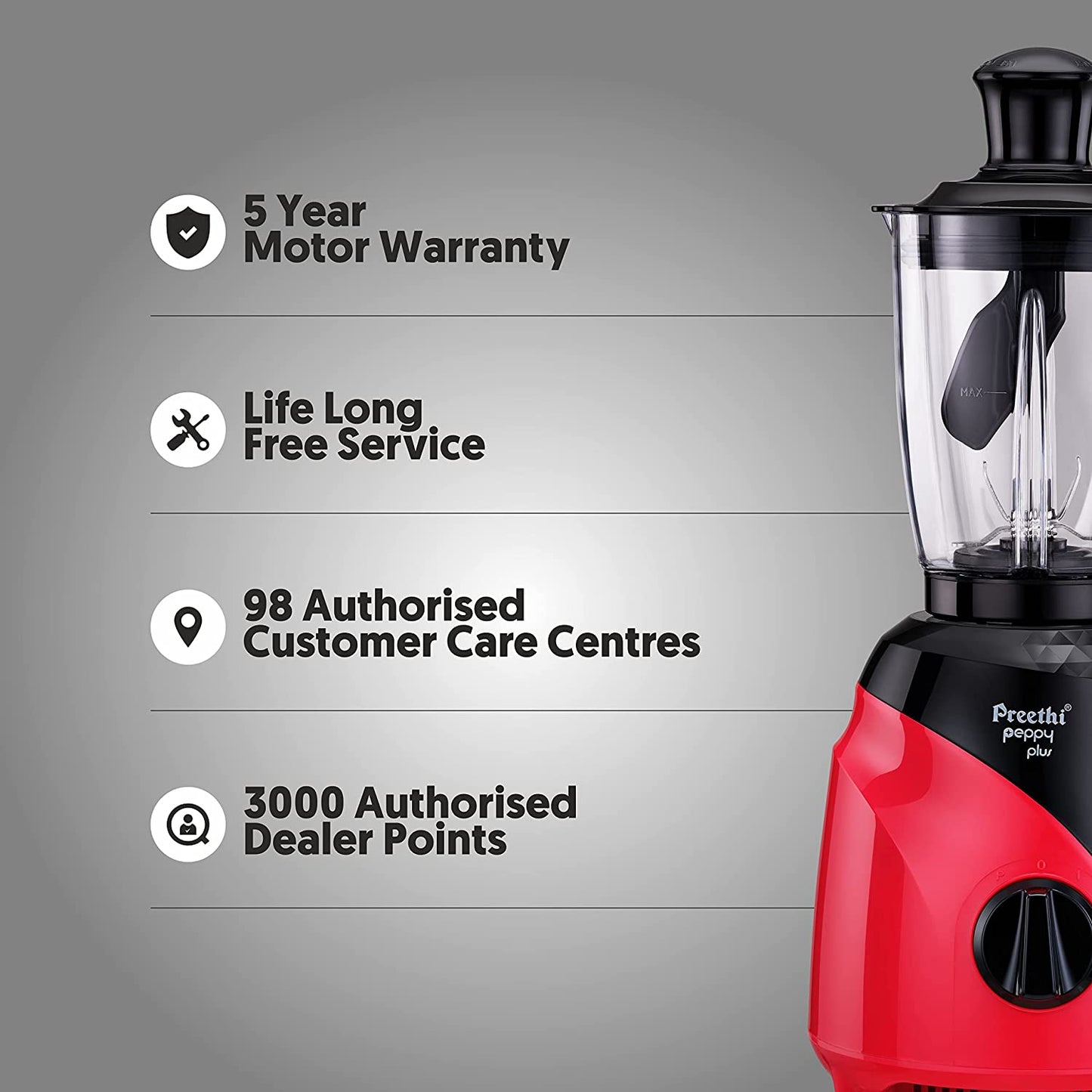 Preethi Peppy Plus MG-246 Mixer Grinder, 750W, 4 Jar
