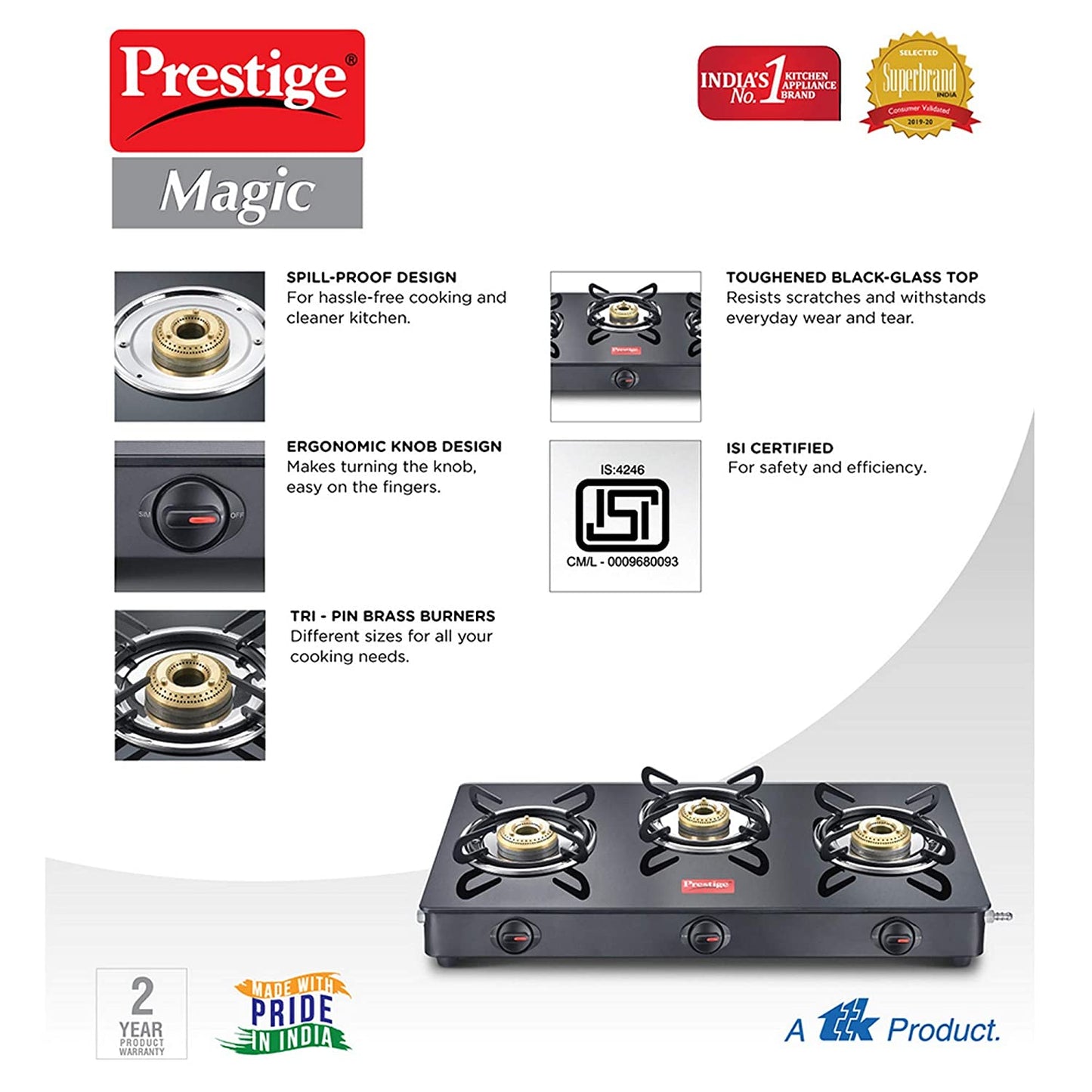 Prestige Magic GTMC 03 Toughened Glass Top Gas Stove, 3 Burner