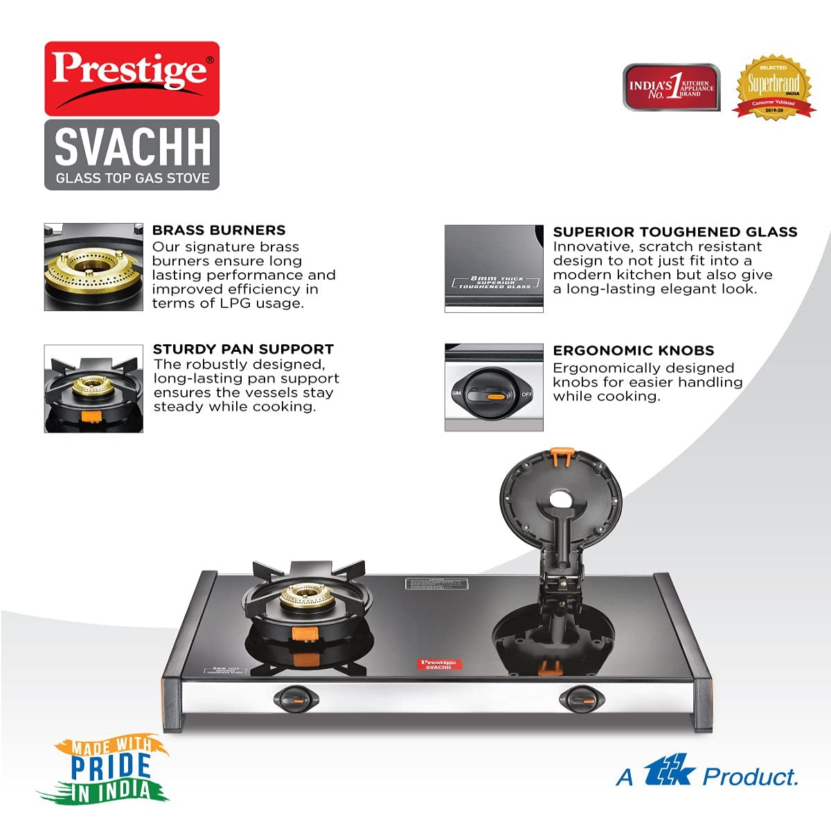 Prestige Svachh GTSV 02 Toughened Glass Top Gas Stove with Liftable Burner Set, 2 Burners