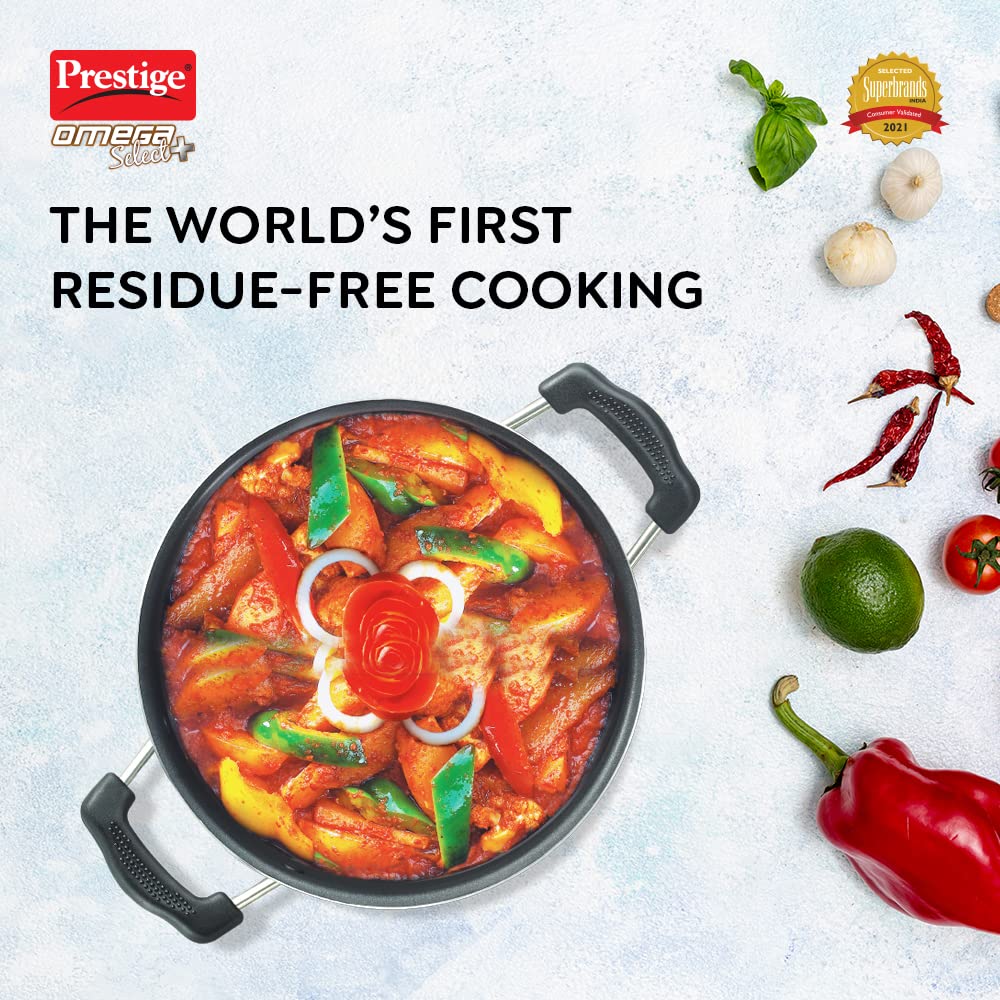 Prestige Omega Select Plus Aluminium Non-Induction Base Non-Stick Flat Base Kadai with SS Lid