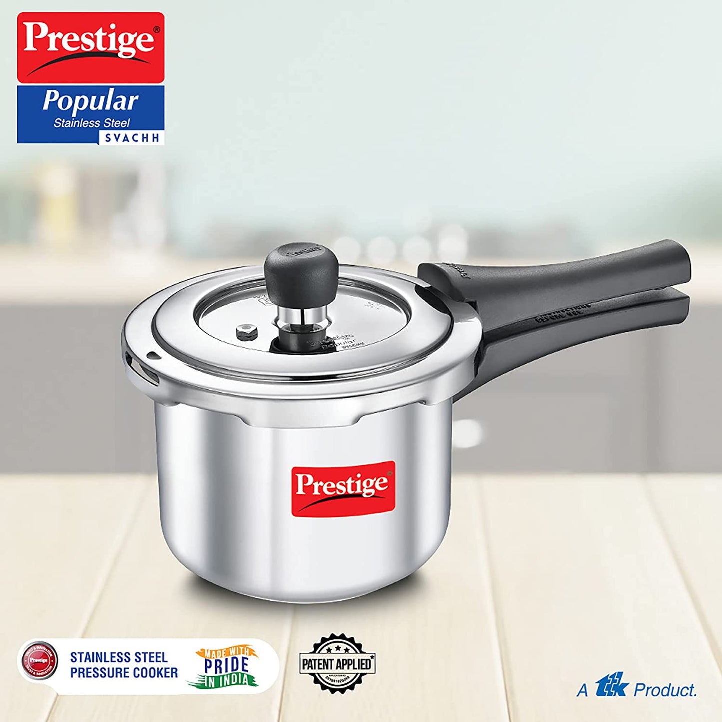 Prestige Popular Stainless Steel Svachh Spillage Control Stainless Steel Induction Base Outer Lid Pressure Cooker, 1.5 Litres