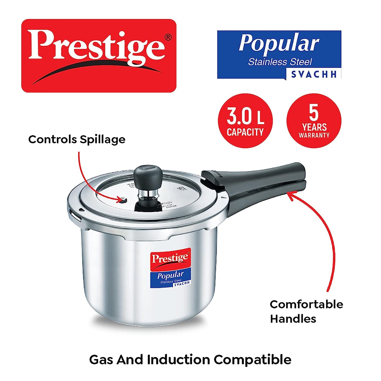 Prestige Popular Stainless Steel Svachh Spillage Control Stainless Steel Induction Base Outer Lid Pressure Cooker, 3 Litres