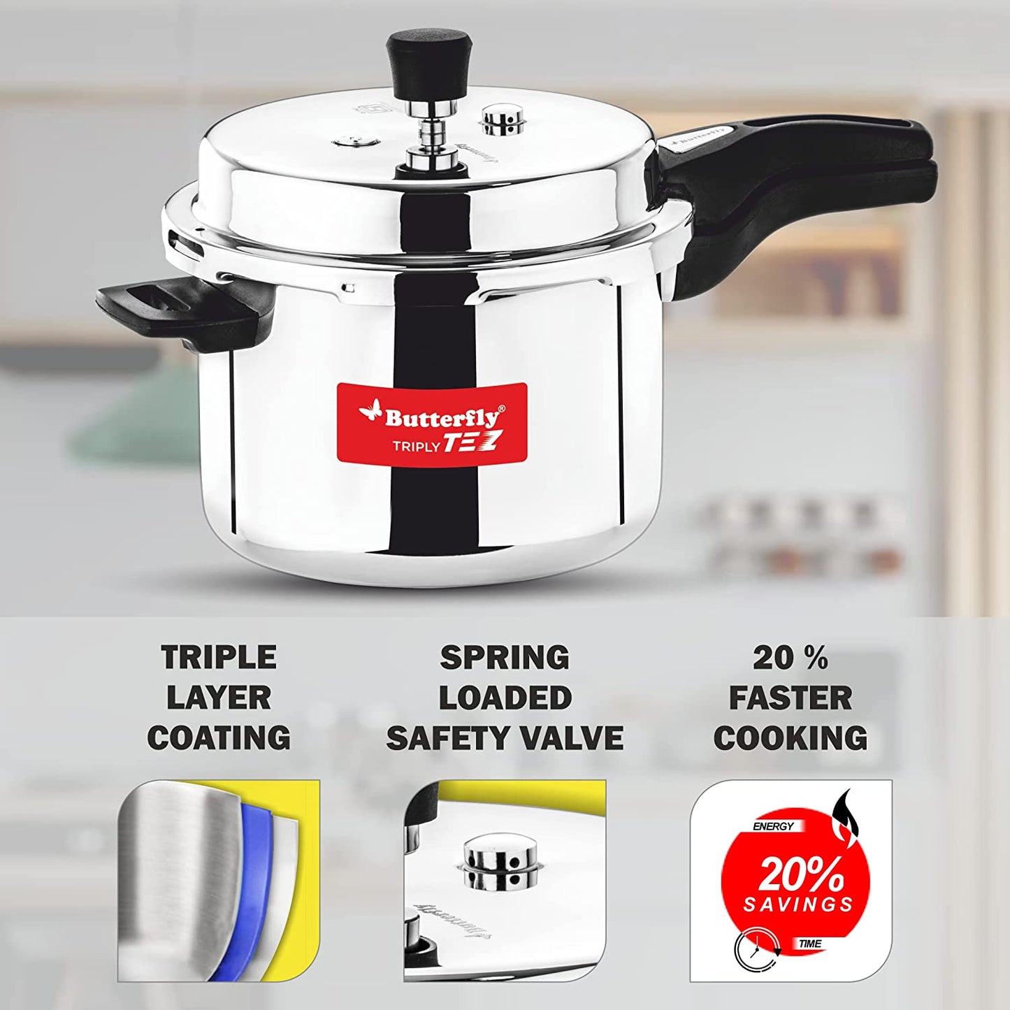 Butterfly Tez Triply Stainless Steel Induction Base Outer Lid Pressure Cooker, 3 Litres