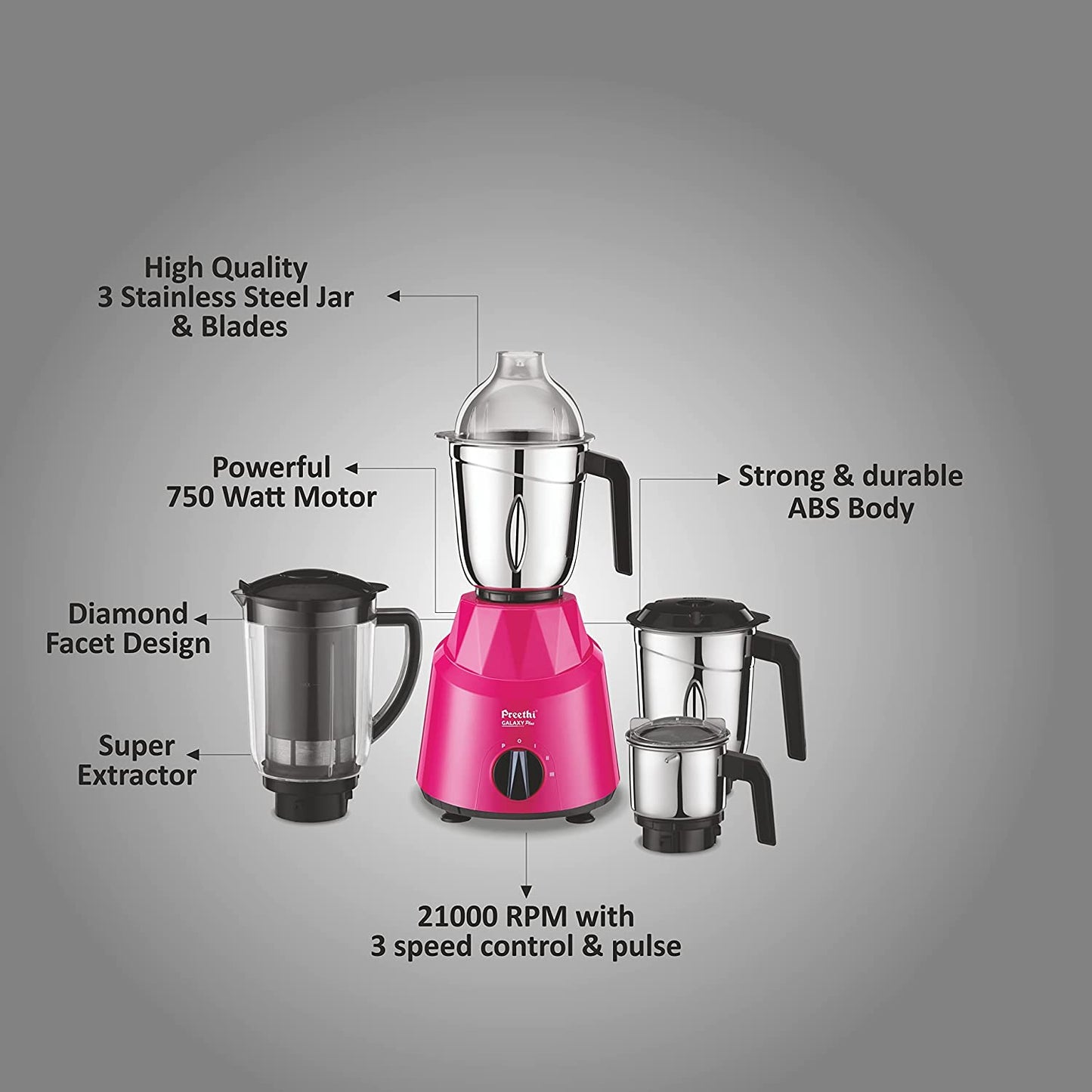 Preethi Galaxy Plus MG-250 Mixer grinder, 750W, 4 Jar