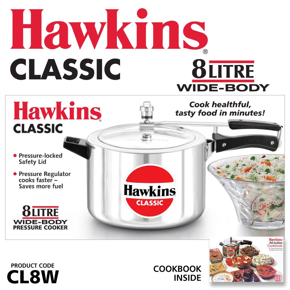 Hawkins Classic Aluminium Non-Induction Base Inner Lid Pressure Cooker, 8 Litres Wide