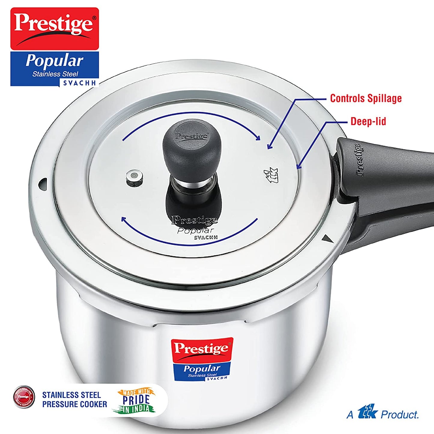Prestige Popular Stainless Steel Svachh Spillage Control Stainless Steel Induction Base Outer Lid Pressure Cooker, 1.5 Litres