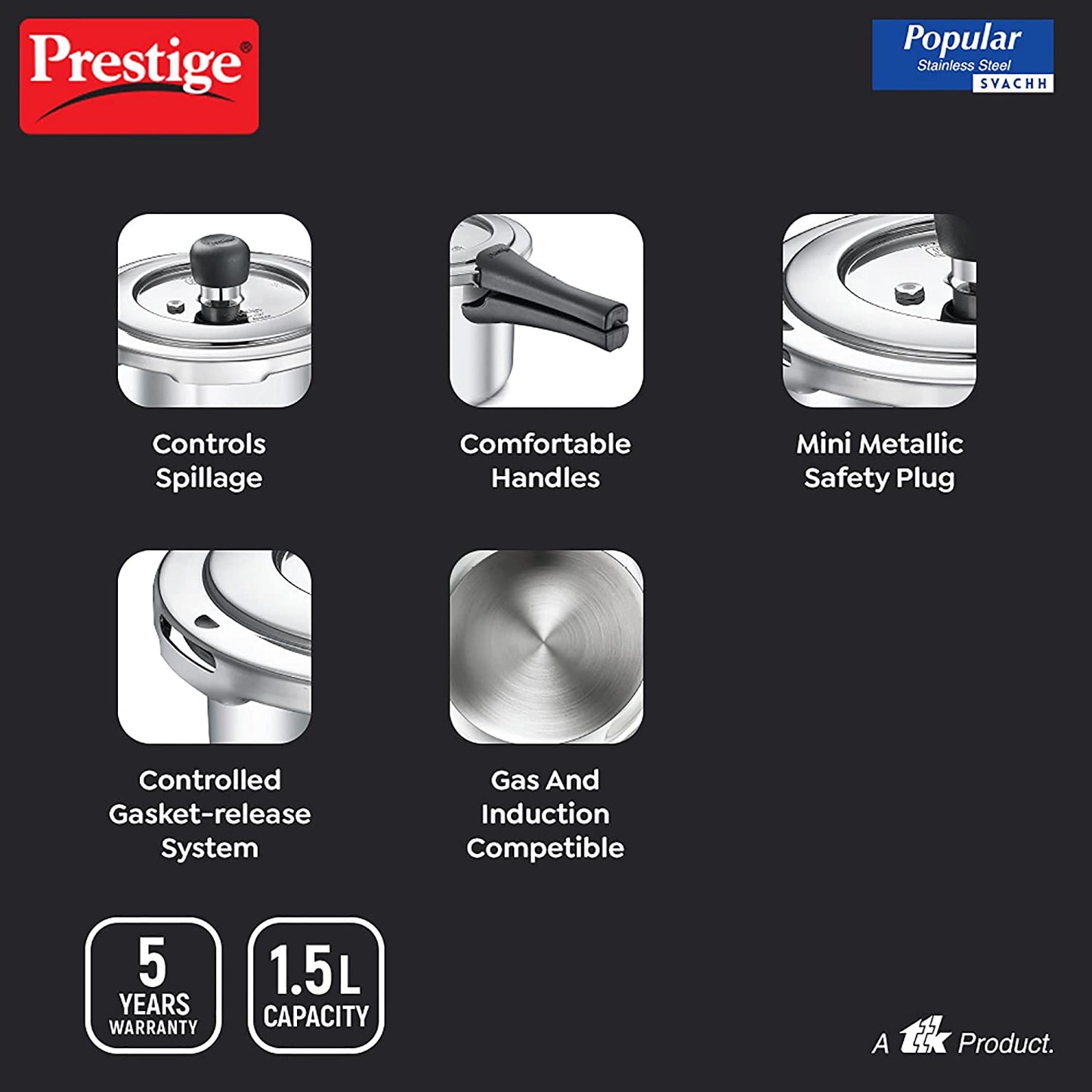 Prestige Popular Stainless Steel Svachh Spillage Control Stainless Steel Induction Base Outer Lid Pressure Cooker, 1.5 Litres