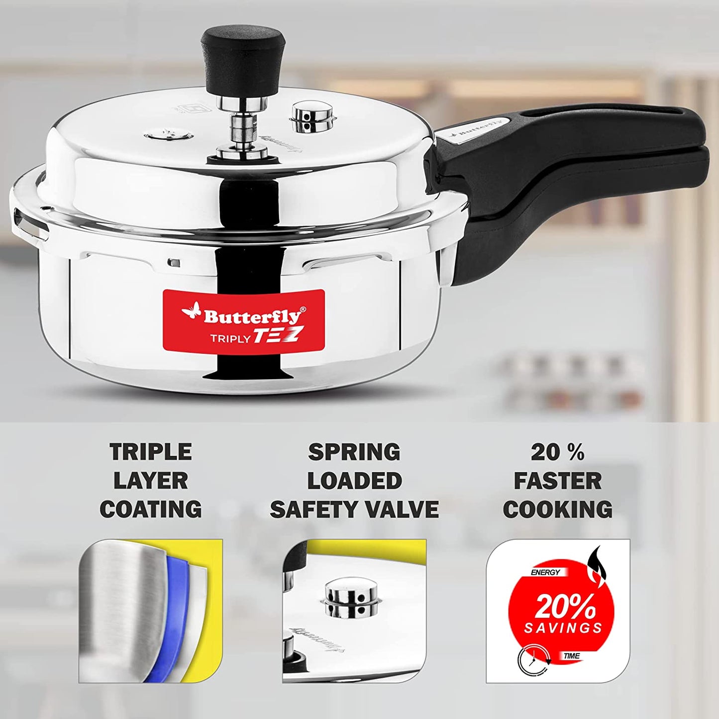 Butterfly Tez Triply Stainless Steel Induction Base Outer Lid Pressure Cooker, 2 Litres