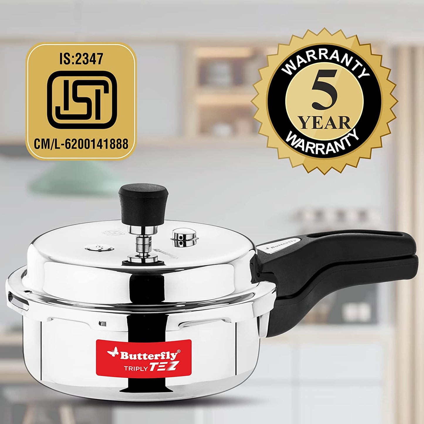 Butterfly Tez Triply Stainless Steel Induction Base Outer Lid Pressure Cooker, 2 Litres