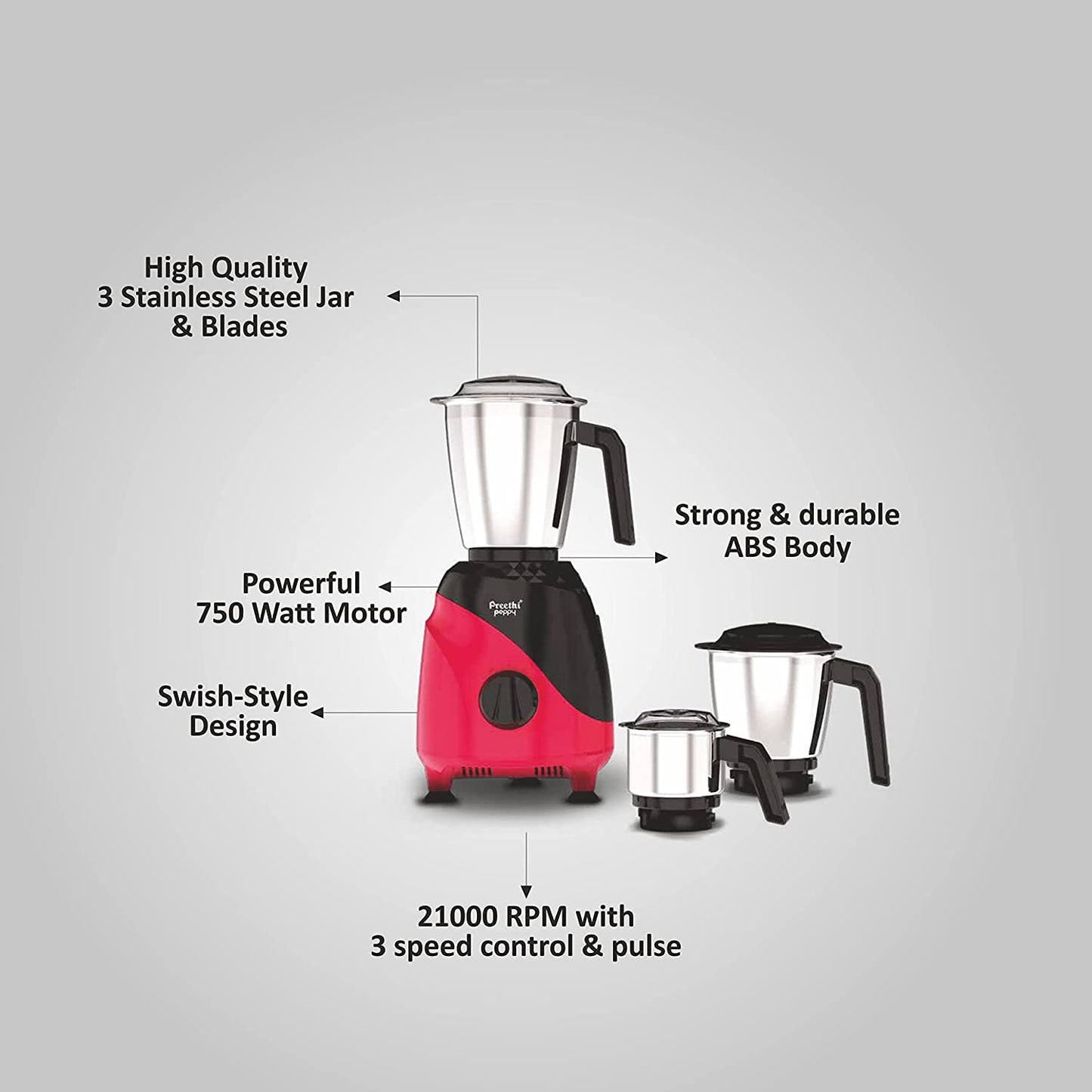 Preethi Peppy MG-245 Mixer Grinder, 750W, 3 Jar