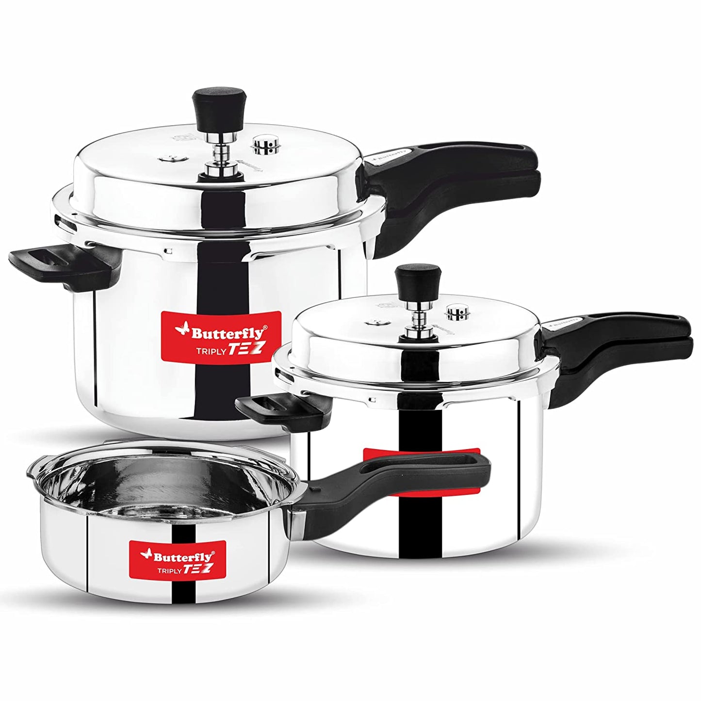Butterfly Tez Triply Stainless Steel Induction Base Outer Lid Pressure Cooker Combo, 2, 3 & 5 Litres