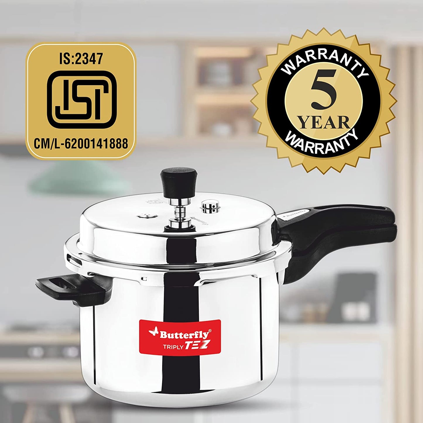 Butterfly Tez Triply Stainless Steel Induction Base Outer Lid Pressure Cooker, 3 Litres