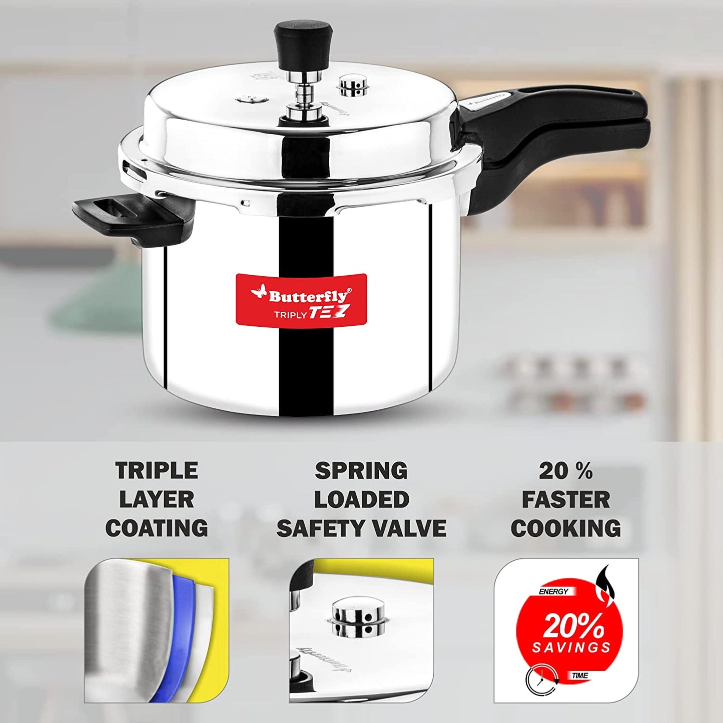 Butterfly Tez Triply Stainless Steel Induction Base Outer Lid Pressure Cooker, 5 Litres