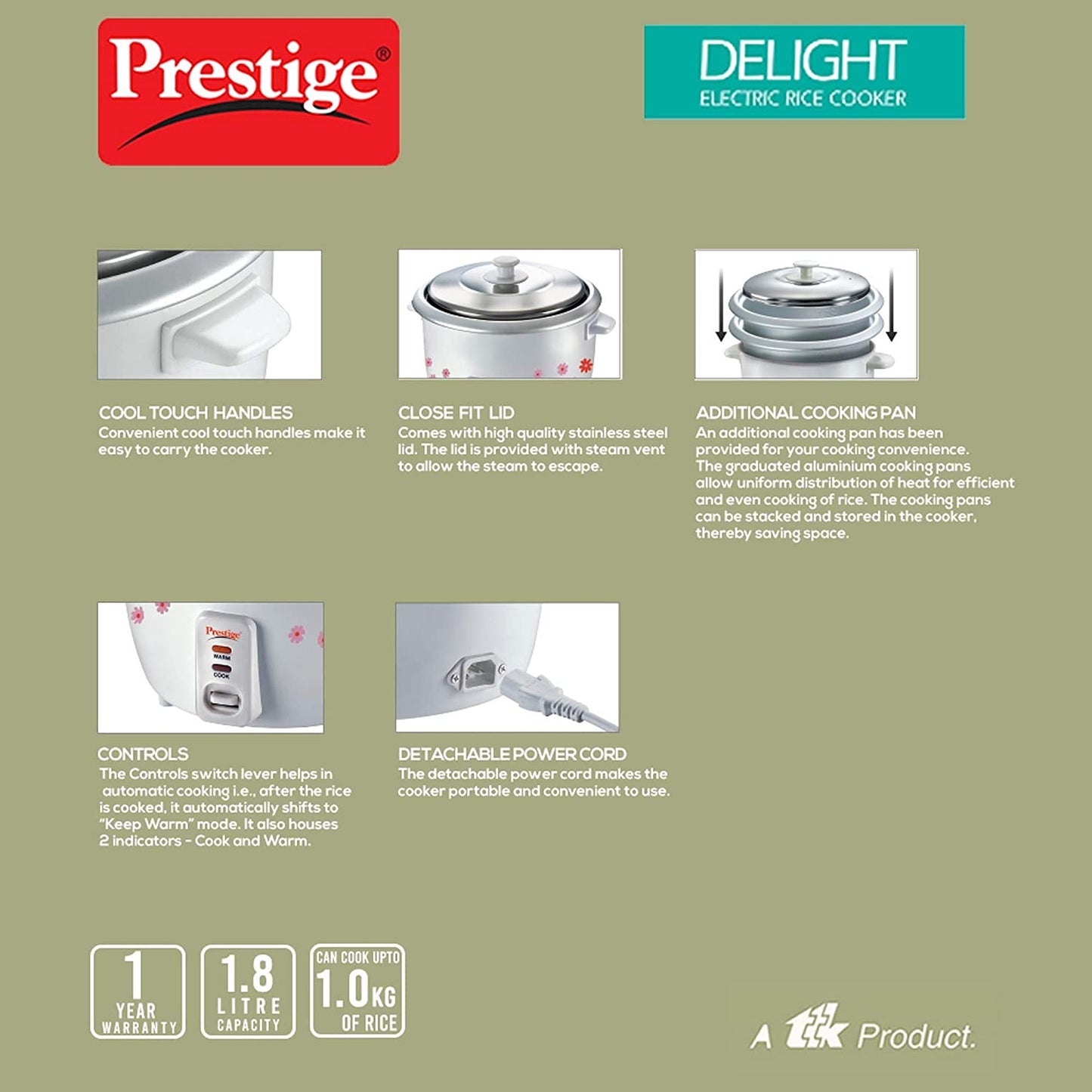 Prestige PRWO 1.8-2 Electric Rice Cooker, 1.8 Litres Double Pan