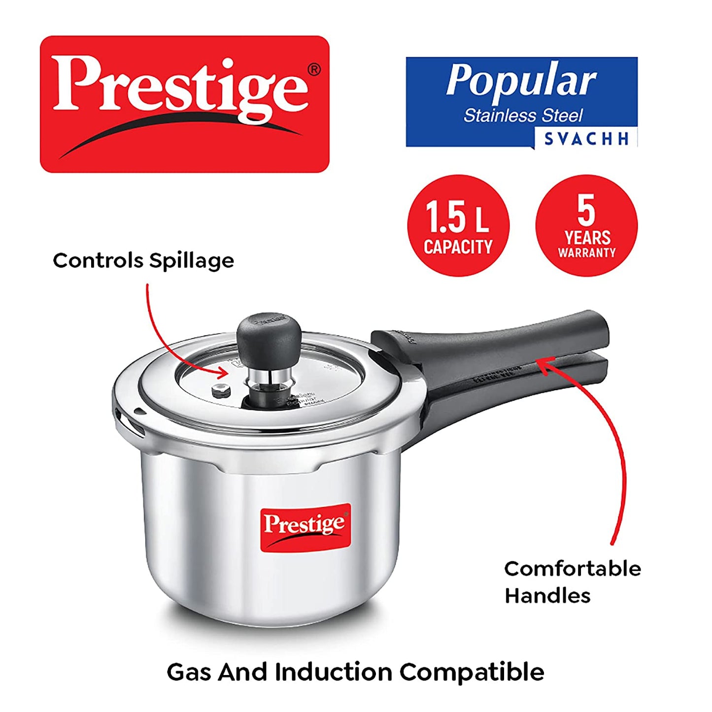 Prestige Popular Stainless Steel Svachh Spillage Control Stainless Steel Induction Base Outer Lid Pressure Cooker, 1.5 Litres