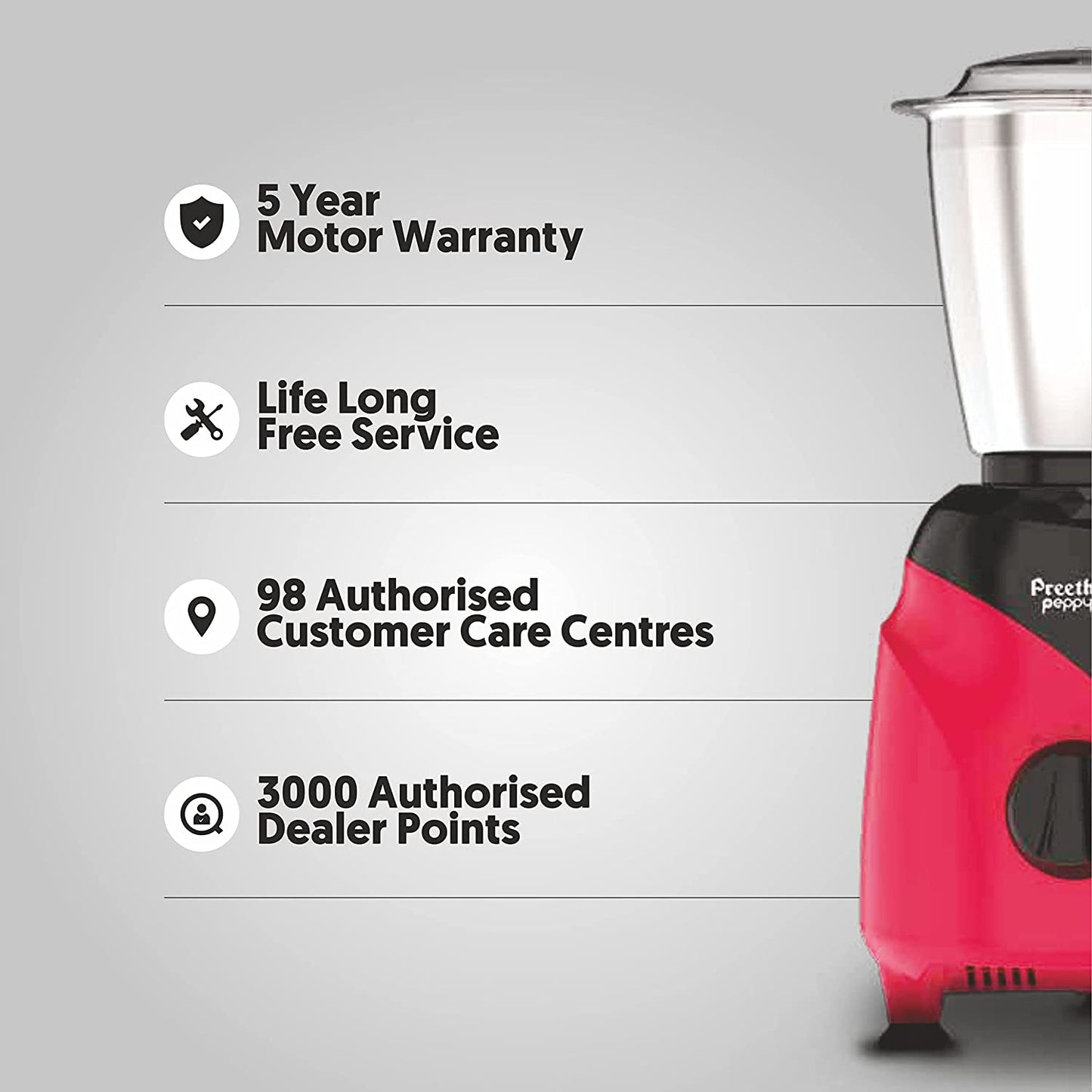 Preethi Peppy MG-245 Mixer Grinder, 750W, 3 Jar