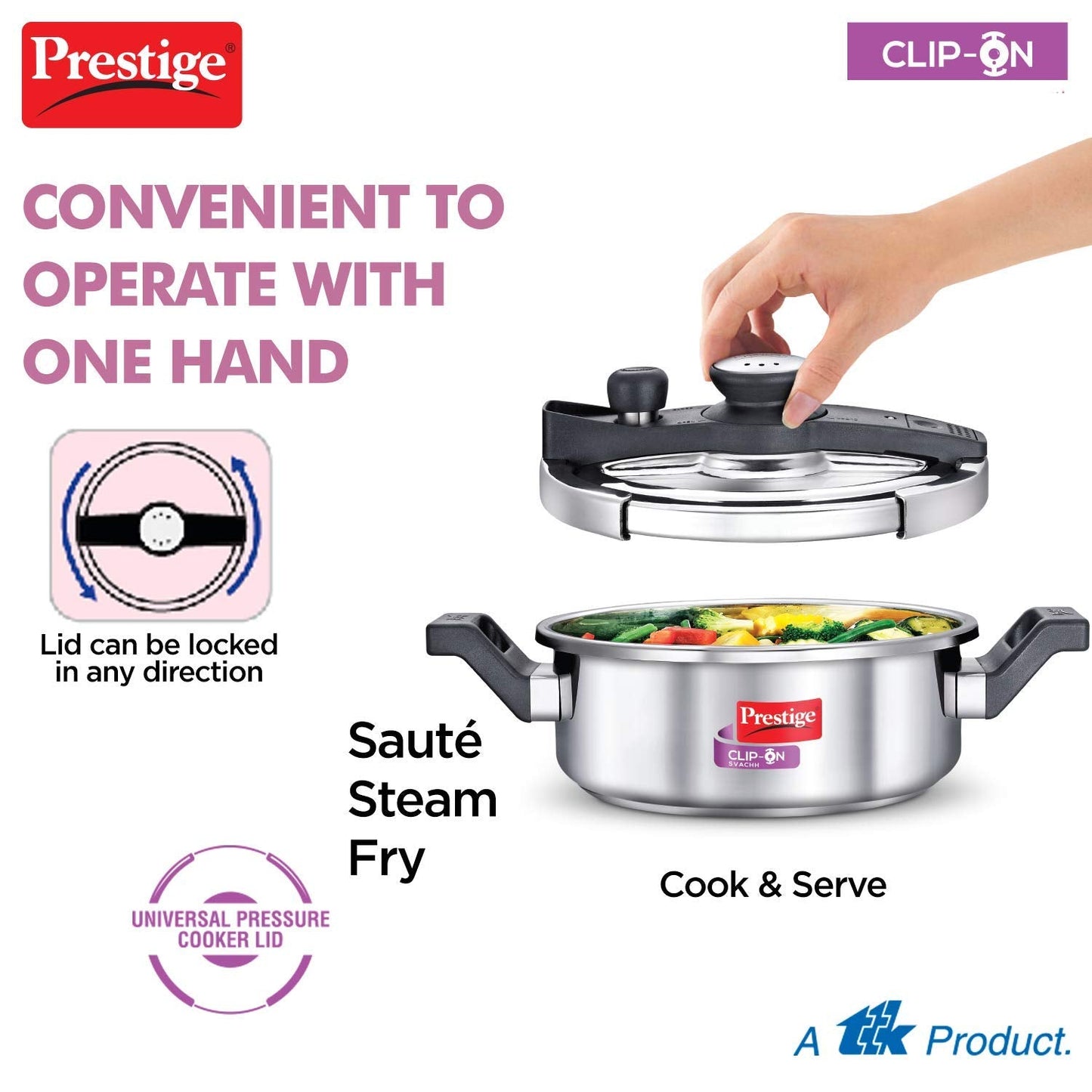 Prestige ClipOn Svachh Stainless Steel Induction Base Inner Lid Pressure Cooker, 3 Litres