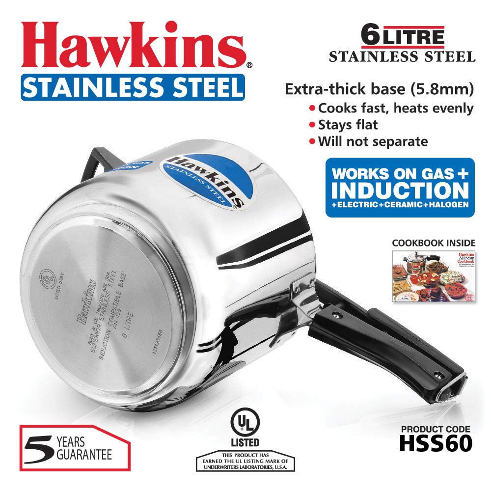 Hawkins Stainless Steel Induction Base Inner Lid Pressure Cooker, 6 Litres