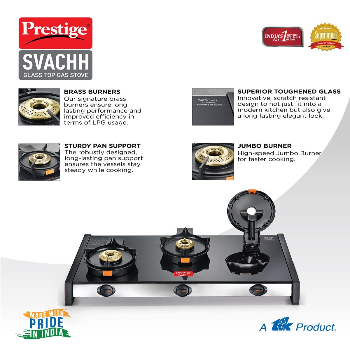 Prestige Svachh GTSV 03 Toughened Glass Top Gas Stove with Liftable Burner Set, 3 Burners