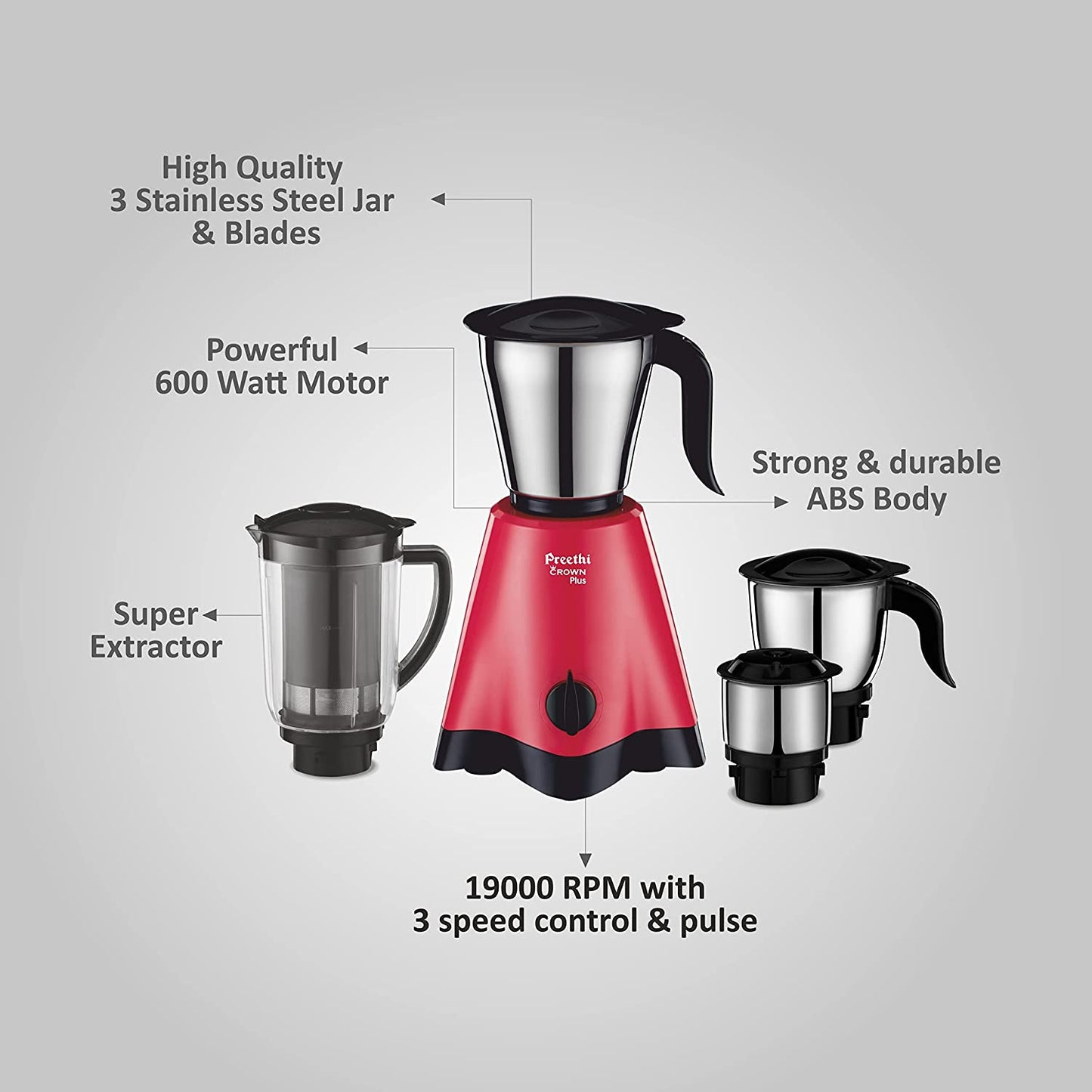 Preethi Crown Plus MG-258 Mixer Grinder, 600W, 4 Jars