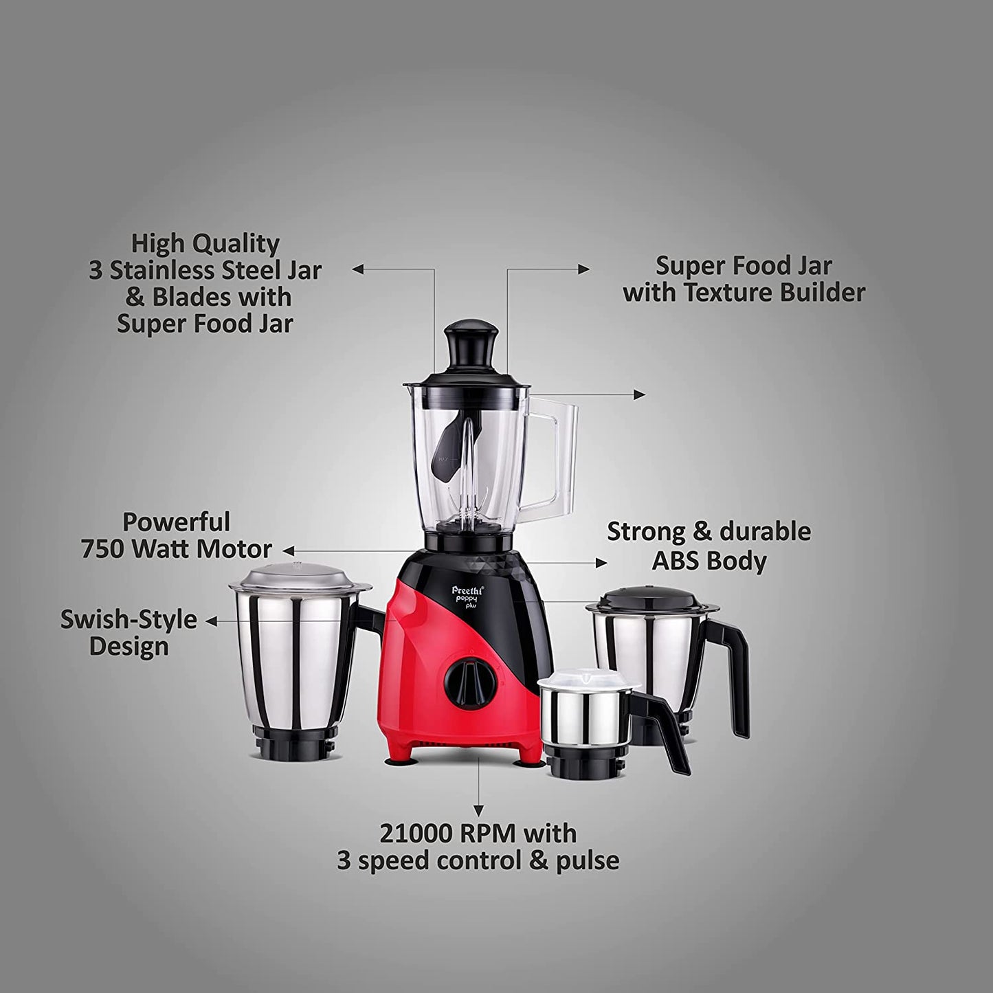 Preethi Peppy Plus MG-246 Mixer Grinder, 750W, 4 Jar