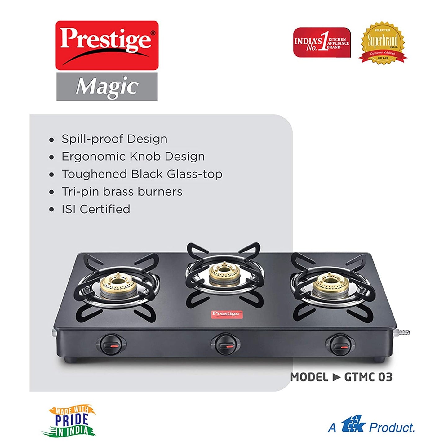 Prestige Magic GTMC 03 Toughened Glass Top Gas Stove, 3 Burner