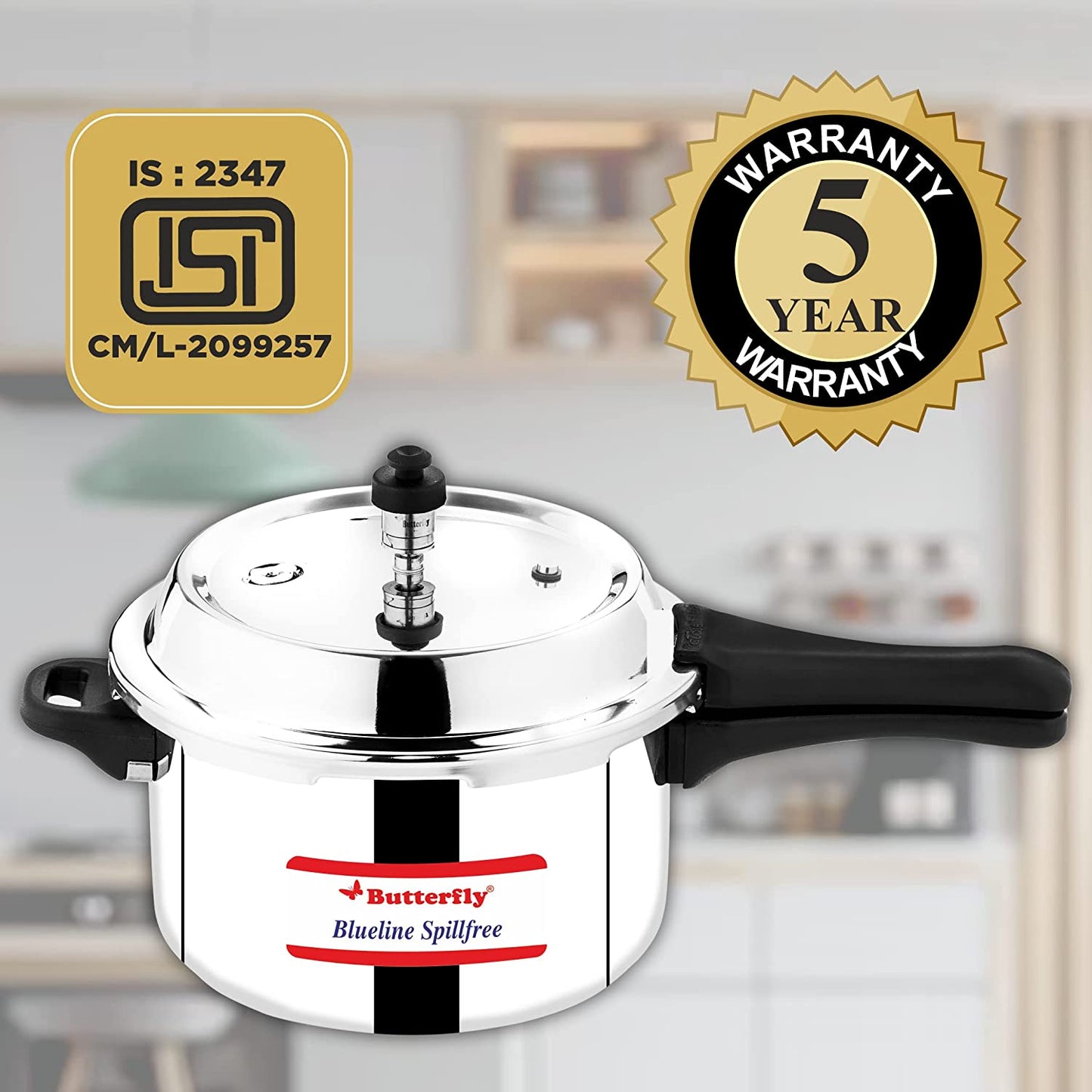 Butterfly Blueline Spillfree Stainless Steel Induction Base Outer Lid Pressure Cooker, 3 Litres