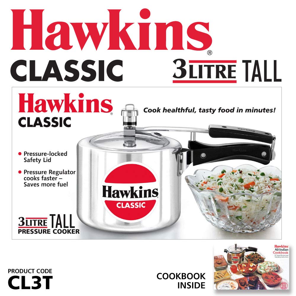 Hawkins Classic Aluminium Non-Induction Base Inner Lid Pressure Cooker, 3 Litres Tall