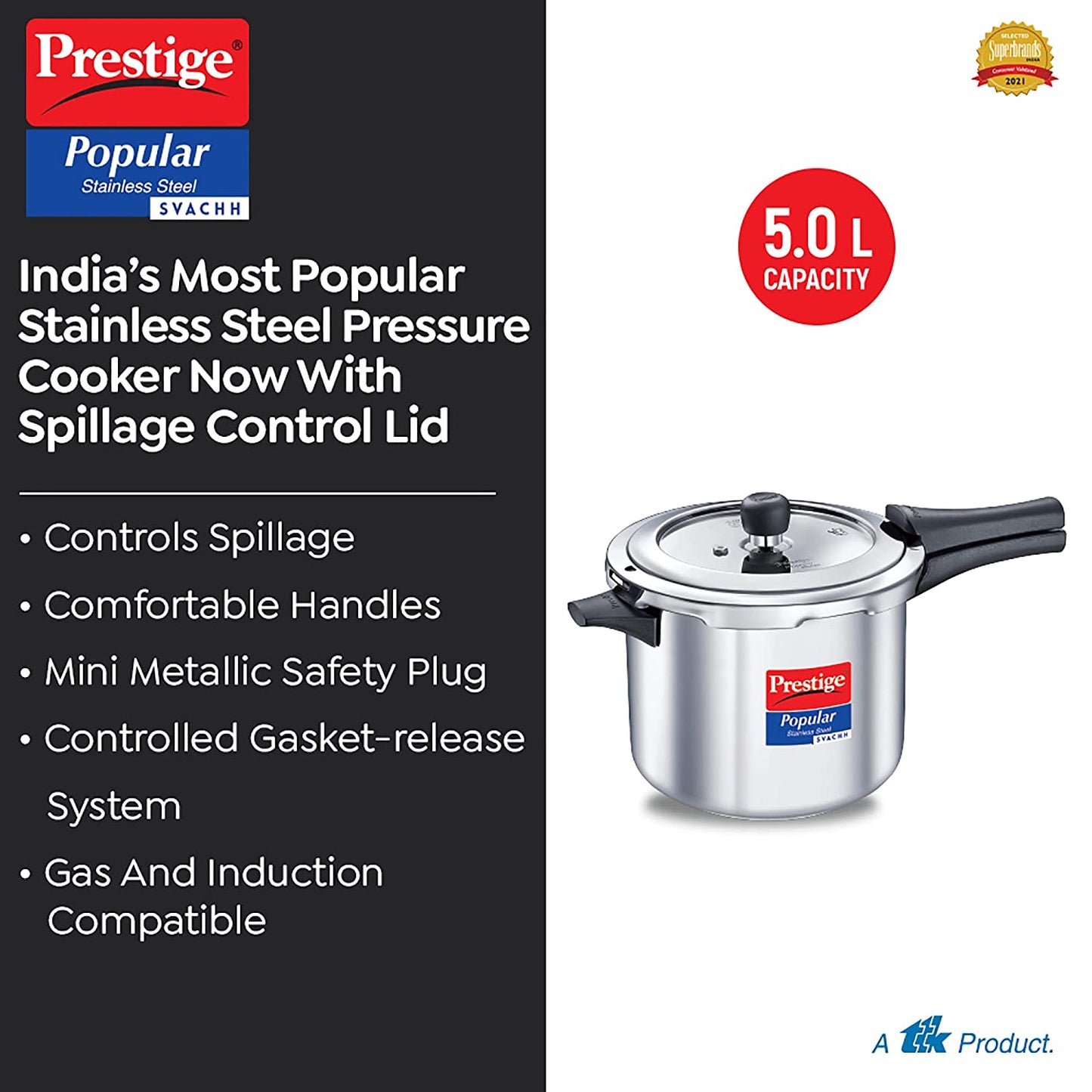 Prestige Popular Stainless Steel Svachh Spillage Control Stainless Steel Induction Base Outer Lid Pressure Cooker, 5 Litres