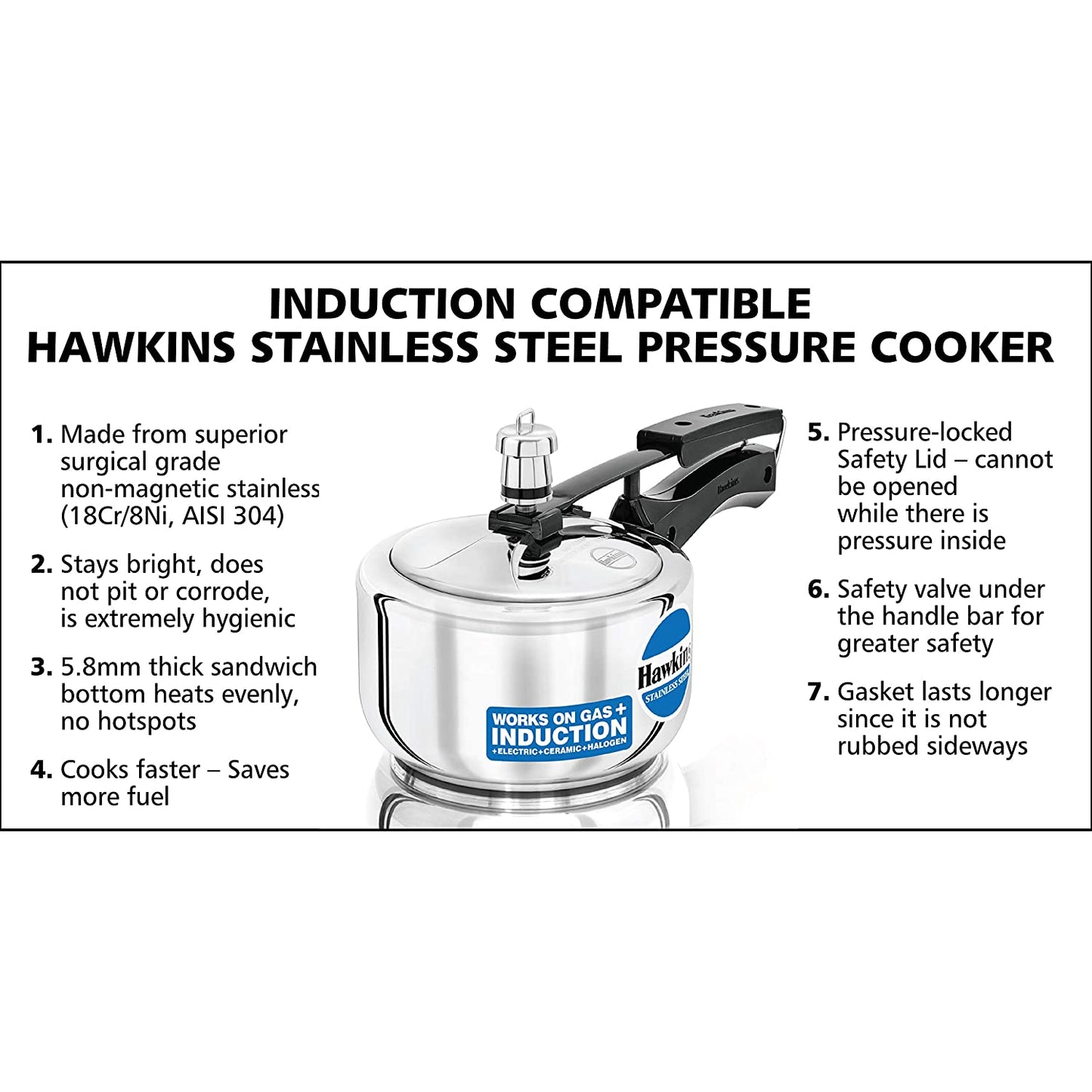 Hawkins Stainless Steel Induction Base Inner Lid Pressure Cooker, 1.5 Litres