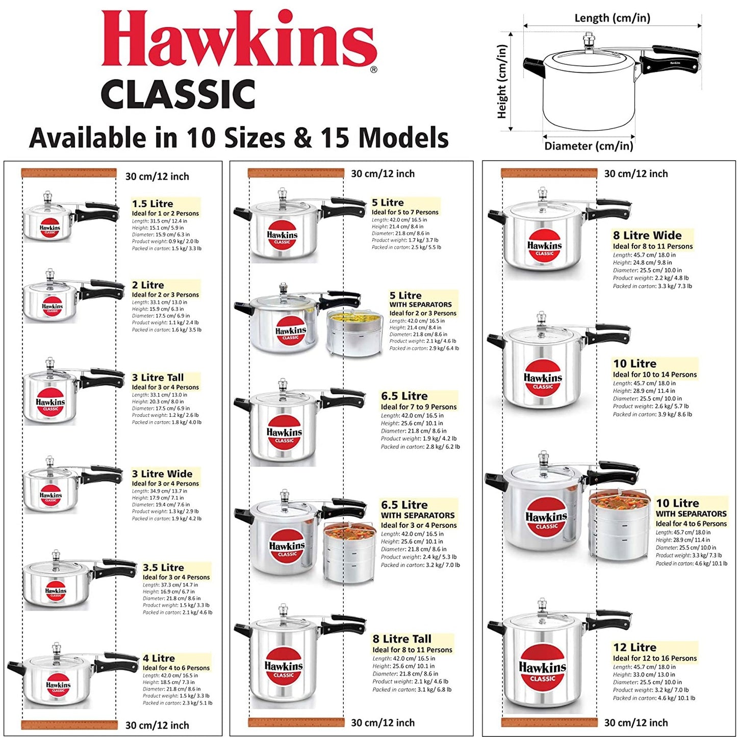Hawkins Classic Aluminium Non-Induction Base Inner Lid Pressure Cooker, 8 Litres Wide