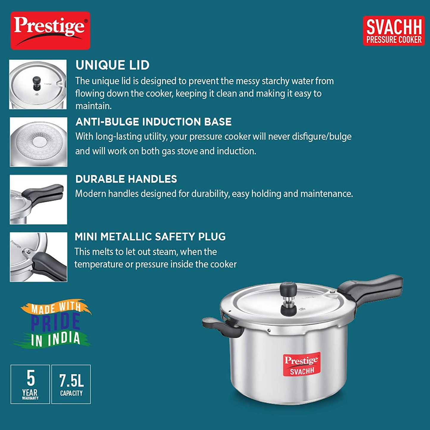 Prestige Svachh Aluminium Induction Base Outer Lid Pressure Cooker, 7.5 Litres
