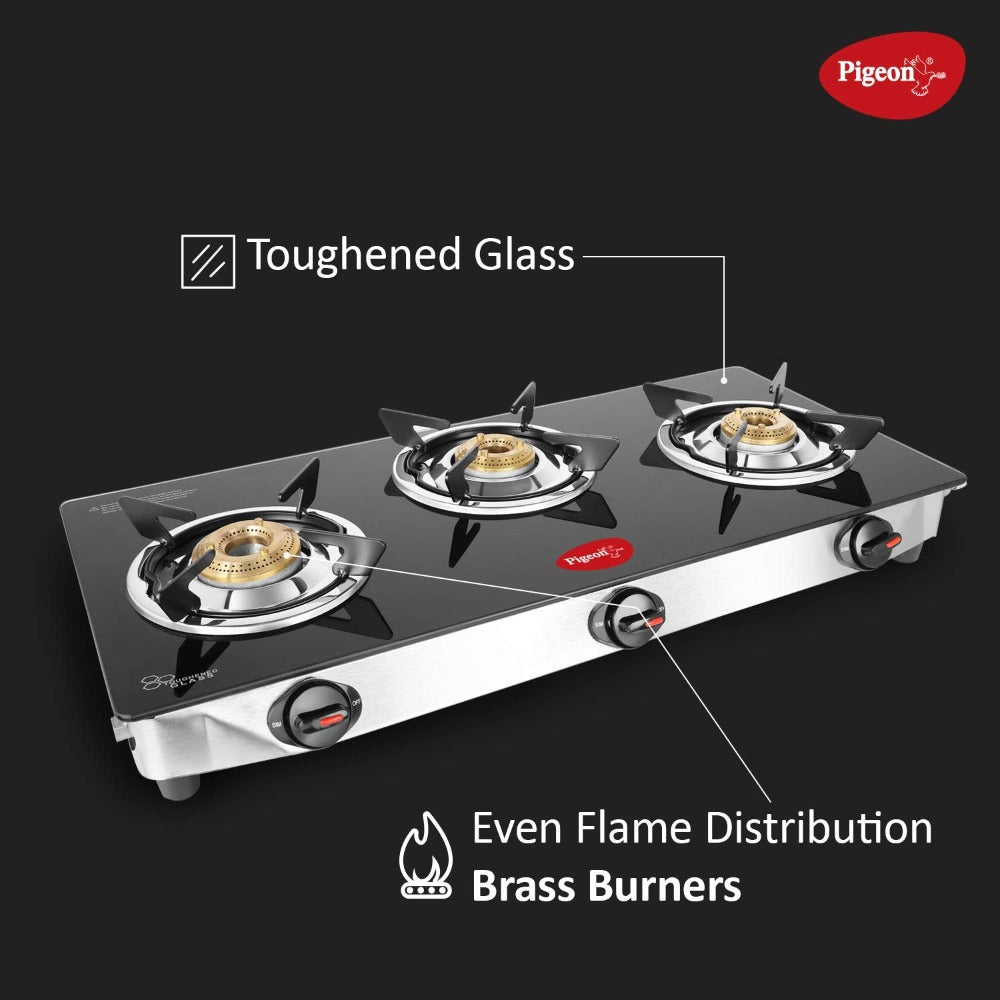 Pigeon Ayush Stainless Steel Toughened Glass Top Gas Stove, 3 Burner
