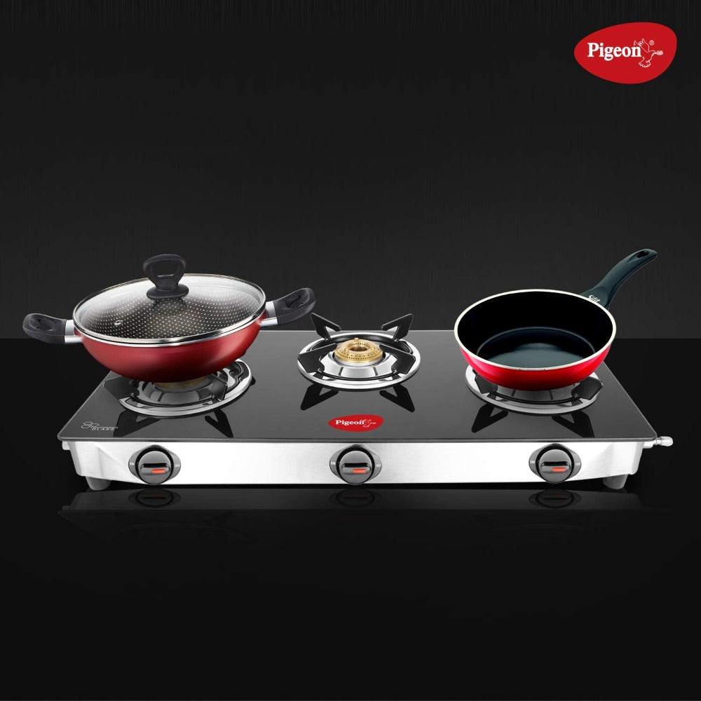 Pigeon Ayush Stainless Steel Toughened Glass Top Gas Stove, 3 Burner