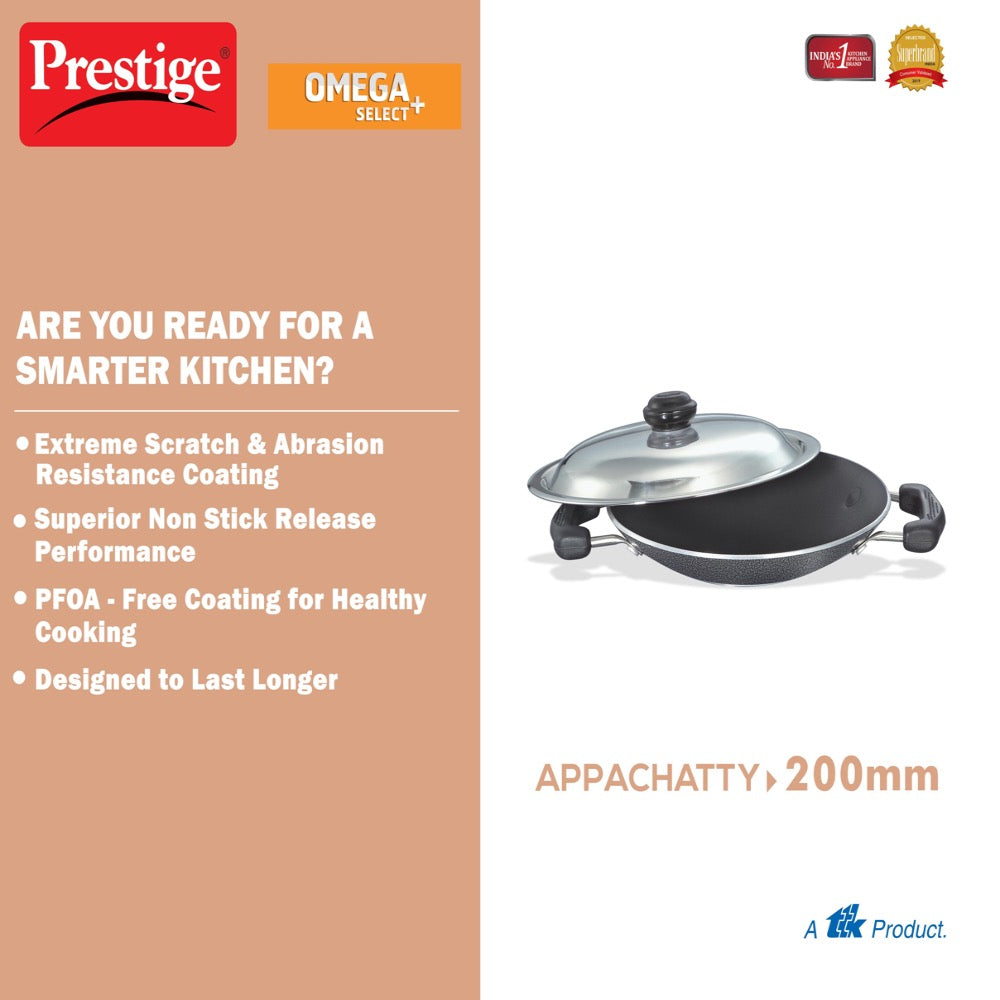 Prestige Omega Select Plus Aluminium Non-Induction Base Non-Stick Appachatty with Lid, 200MM