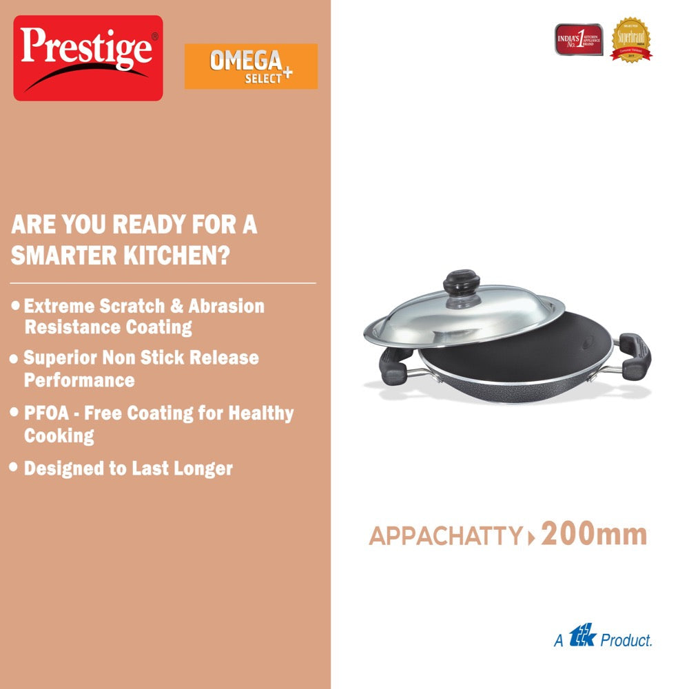Prestige Omega Select Plus Aluminium Non-Induction Base Non-Stick Deep Appachatty with Lid, 200MM