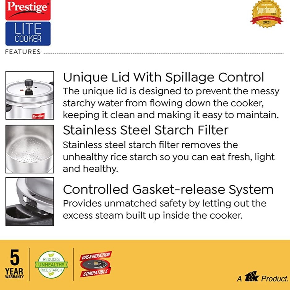 Prestige Svachh Lite Stainless Steel Spillage Control Outer Lid Pressure Cooker, 4 Litres with Stainless Steel Starch Filter