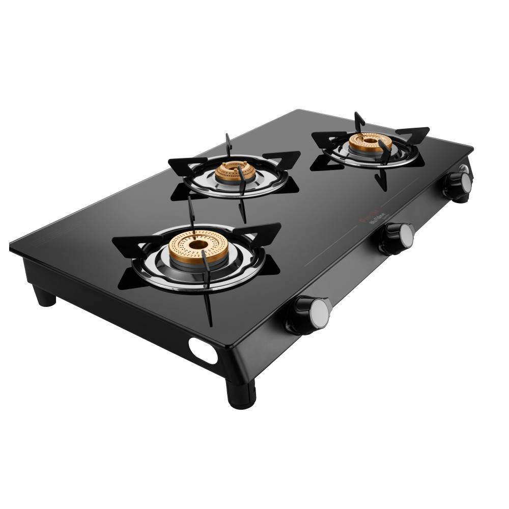 Preethi Blu Flame Sparkle Power Duo GTS-403 Toughened Glass Top Gas Stove, 3 Burner