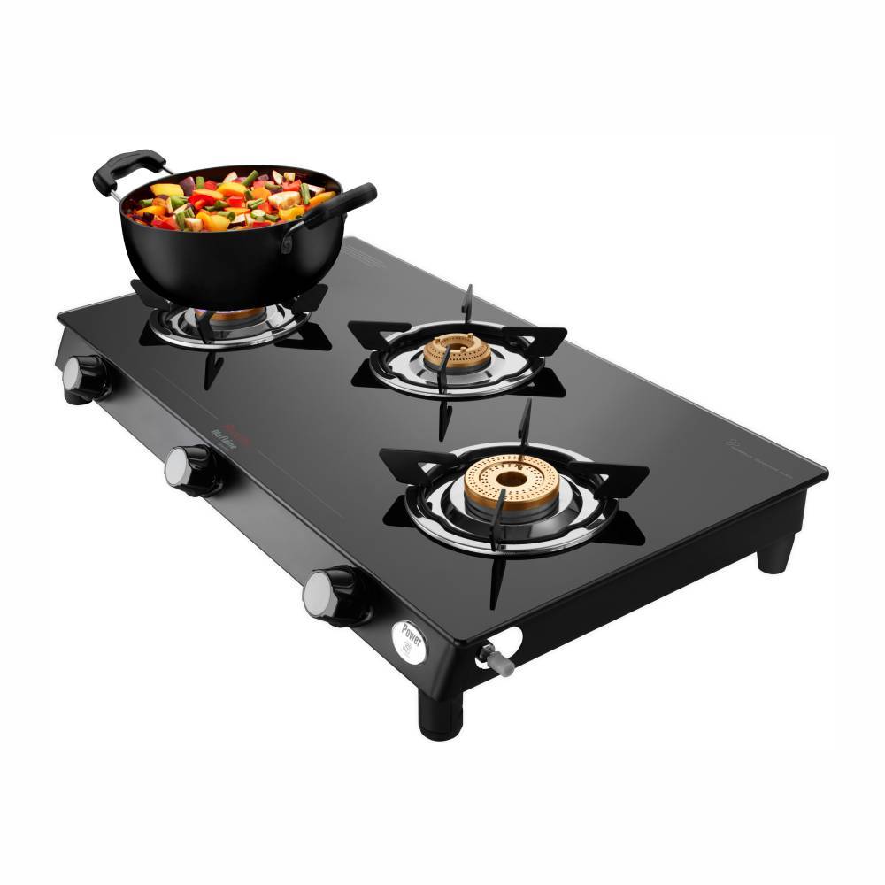 Preethi Blu Flame Sparkle Power Duo GTS-403 Toughened Glass Top Gas Stove, 3 Burner