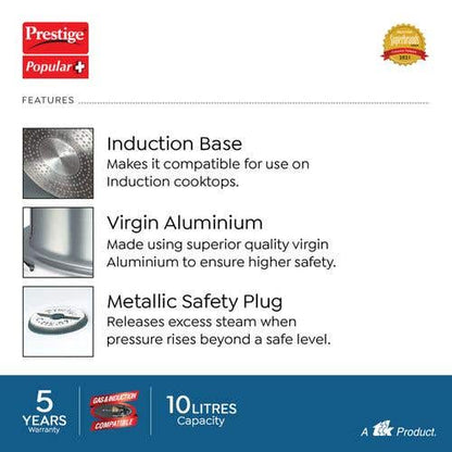 Prestige Popular Plus Virgin Aluminium Induction Base Outer Lid Pressure Cooker, 10 Litres