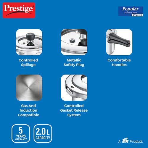 Prestige Popular Svachh Stainless Steel Induction Base Outer Lid Pressure Cooker, 2 Litres